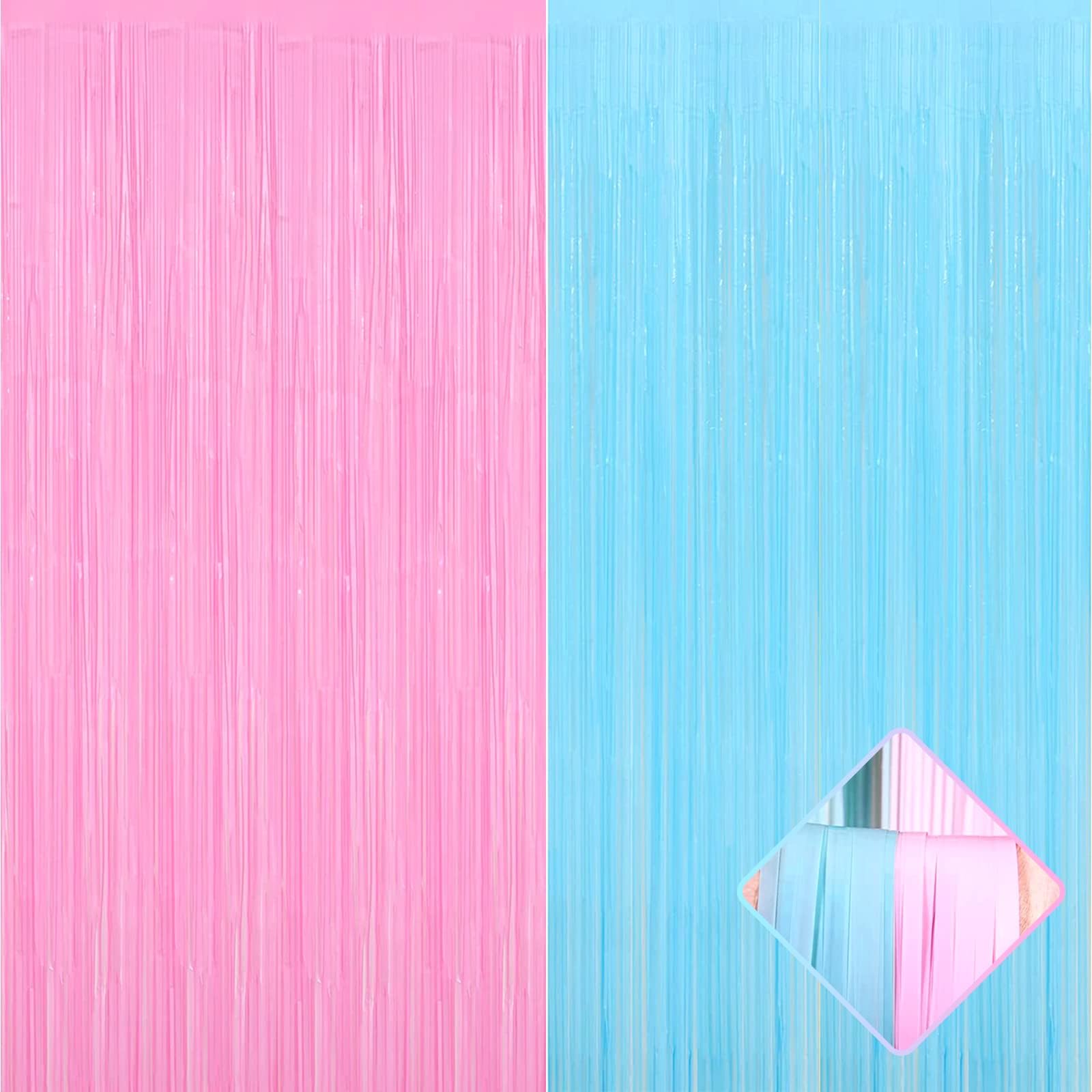4 Pack 3.2Ft x 6.6Ft Macaron Pink Blue Foil Fringe Curtain Backdrop, Metallic Tinsel Foil Fringe Streamers Curtains for Photo Booth, Gender Reveal