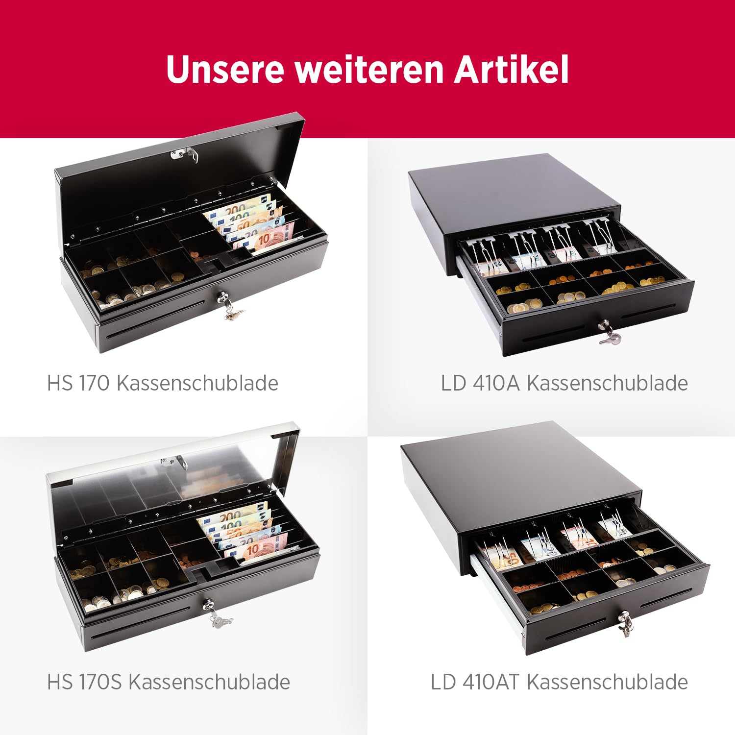 Olympia LD 410S Kassenschublade | Geldkassette abschließbar mit Einwurfschlitz | RJ12-kompatibel | 8 Münz- & 4 Scheinfächer+Halteklammern | Metallgeldbox für Handel & Gastronomie | 41,5x41x10,4 cm