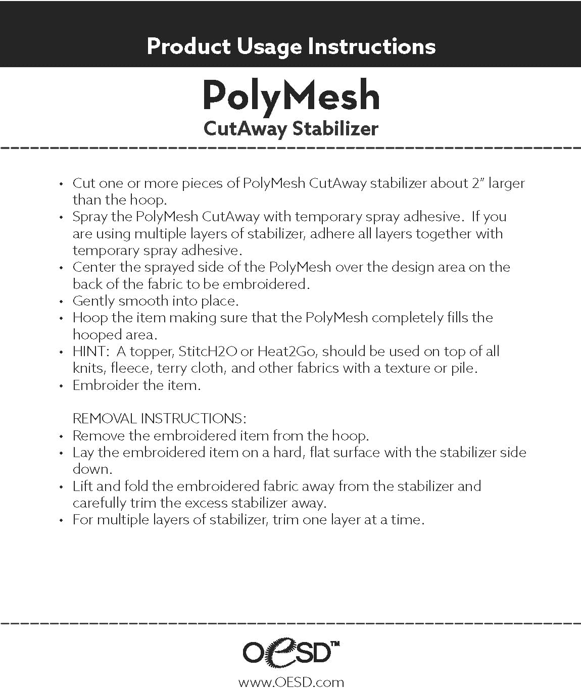 OESD Polymesh Cut Away Black Embroidery Stabilizer 20" x 10 Yd Roll