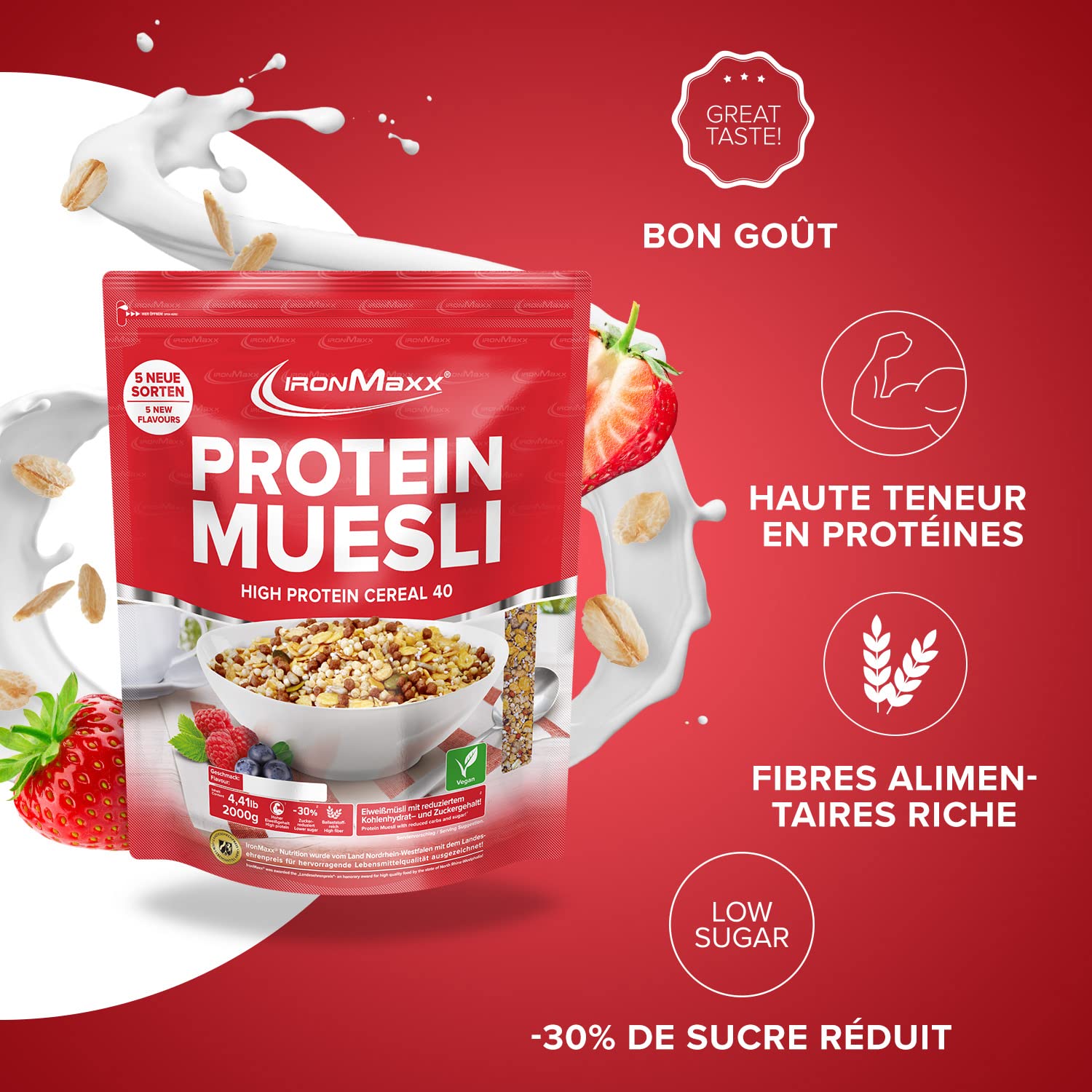 IronMaxx Proteine Muesli Goût Fraise 2000g | Muesli Vegan aux protéines de soja | Céréales protéinées -30% sucres | Riche en Fibres & Protéines Végétales | Idéal pour un petit-déjeuner Sain