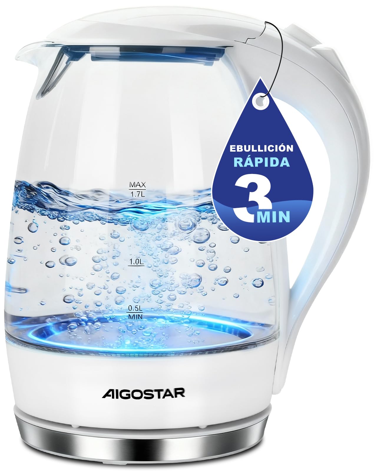 Aigostar Electric Kettle White 1.7 Litres – Fast Boiling Electric Kettle 2200W, LED Lighting, Borosilicate Glass, BPA Free, Anti-Limescale Filter, Automatic Shut-off