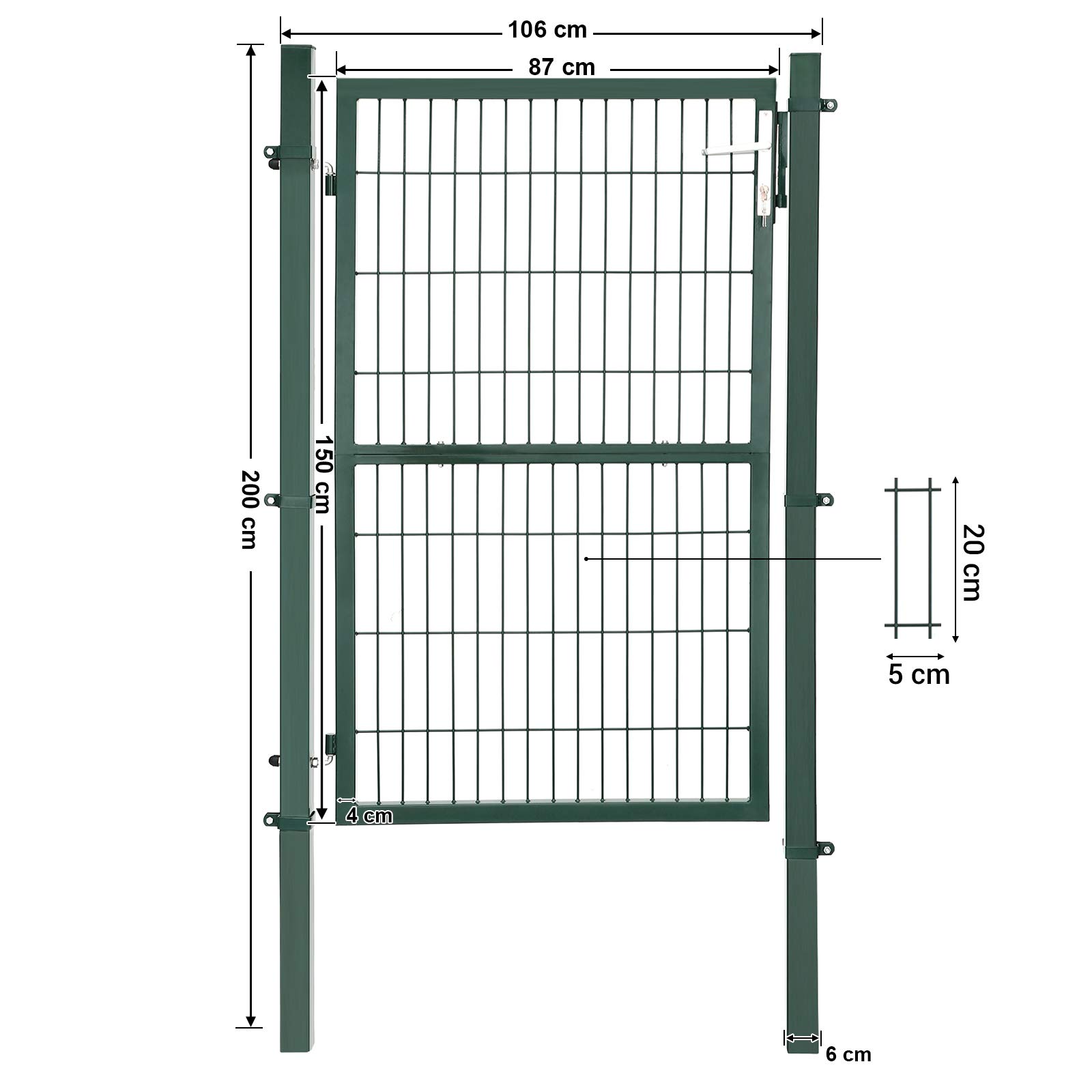 SONGMICS Puerta de Jardín de Acero Galvanizado, Puerta para Valla, con Cerradura, Manija y Llave, 106 x 150 cm (Largo x Alto), Verde GGD200L