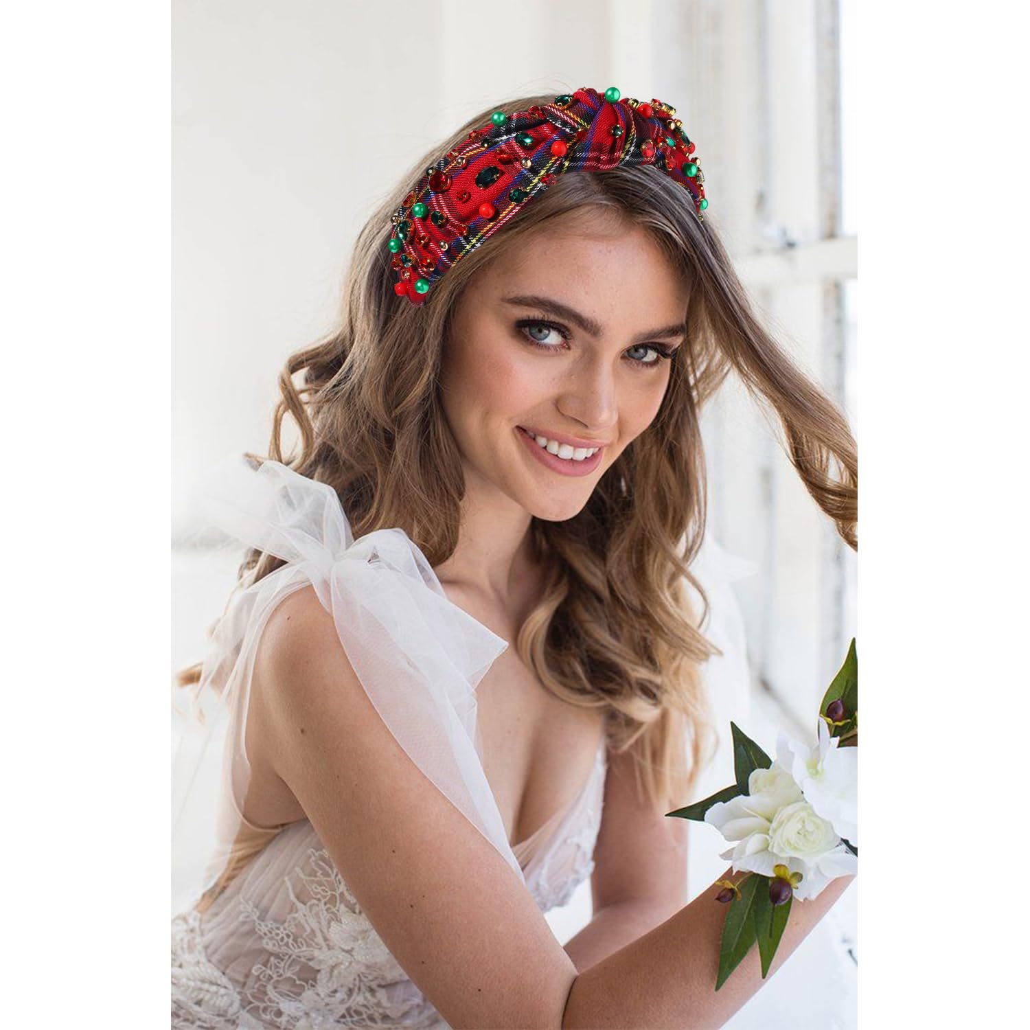 NVENF Christmas Headband for Women Jeweled Xmas Plaid Headband Embellished Crystal Pearl Knotted Headbands Wide Top Knot Holiday Headbands Christmas Hair Accessories Holiday Outfits Gifts (Red 2) - Image 3