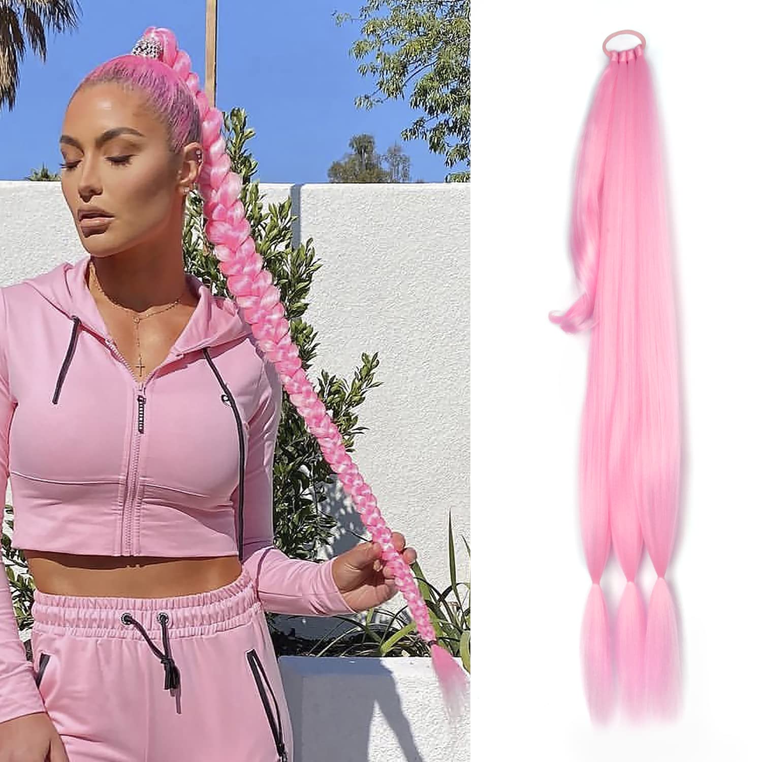 Long Braided Ponytail Extension with Hair Tie Kinky Straight Wrap Around Hair Extensions Ponytail Natural Soft Synthetic Hair Piece for Women 34 Inch