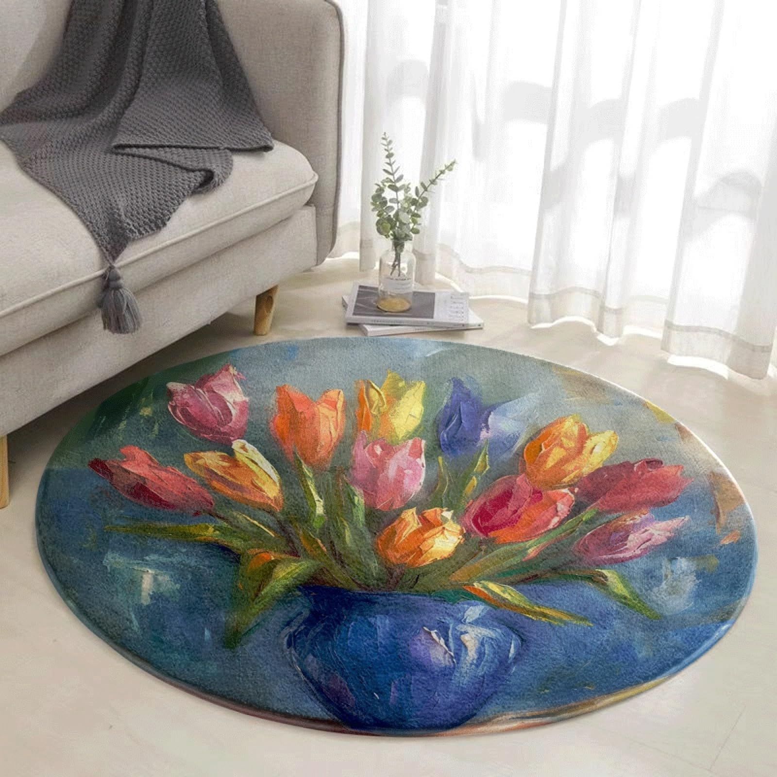 Tapis intérieur salon chambre rond 100cm bleu doux et peluche court