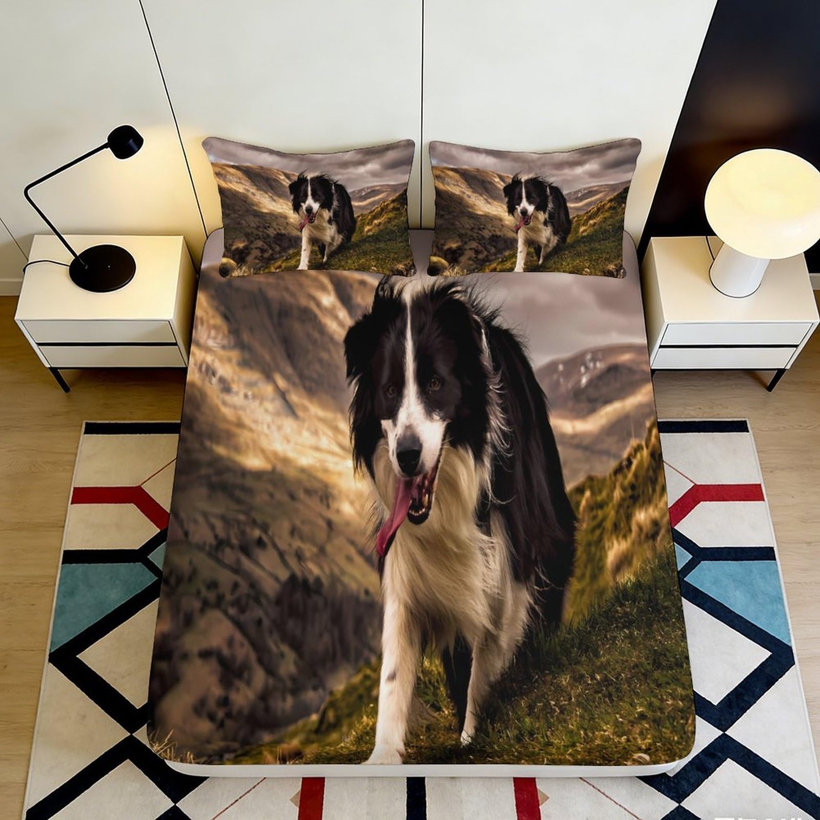 3D Printed Border Collie Landscape Fitted Sheet Microfiber Soft Anti-Slip Bed Cover for Bedroom Guest Room Decor 90x200x25cm