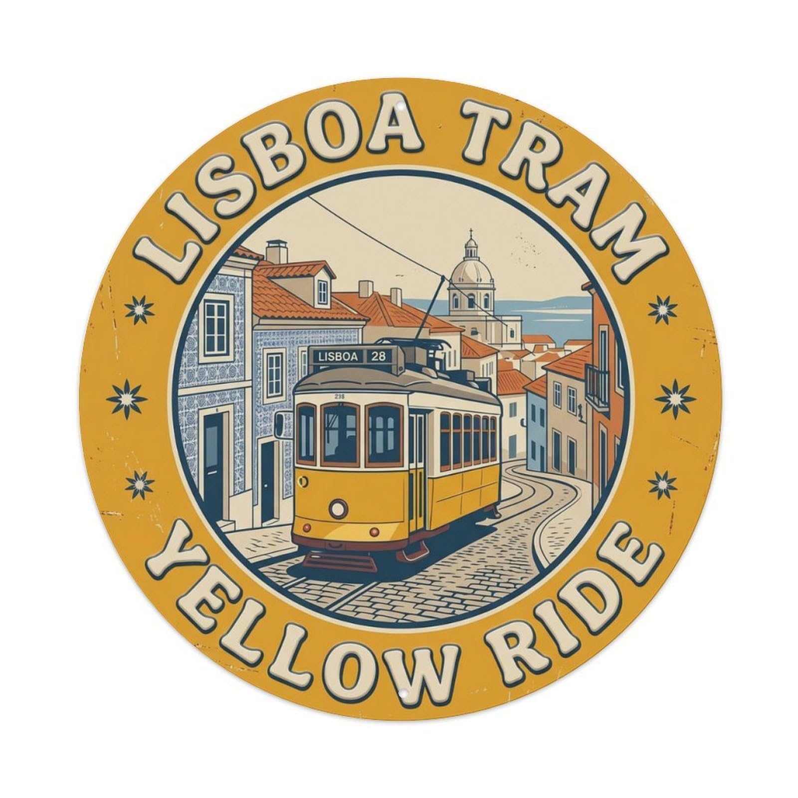 Tram Yellow Ride Lisbon Vehicle Metal Tin Sign Plaque Wall Decor for Cafe, Club Bar, Office, Home Garden Round Metal Poster 8x8Inch
