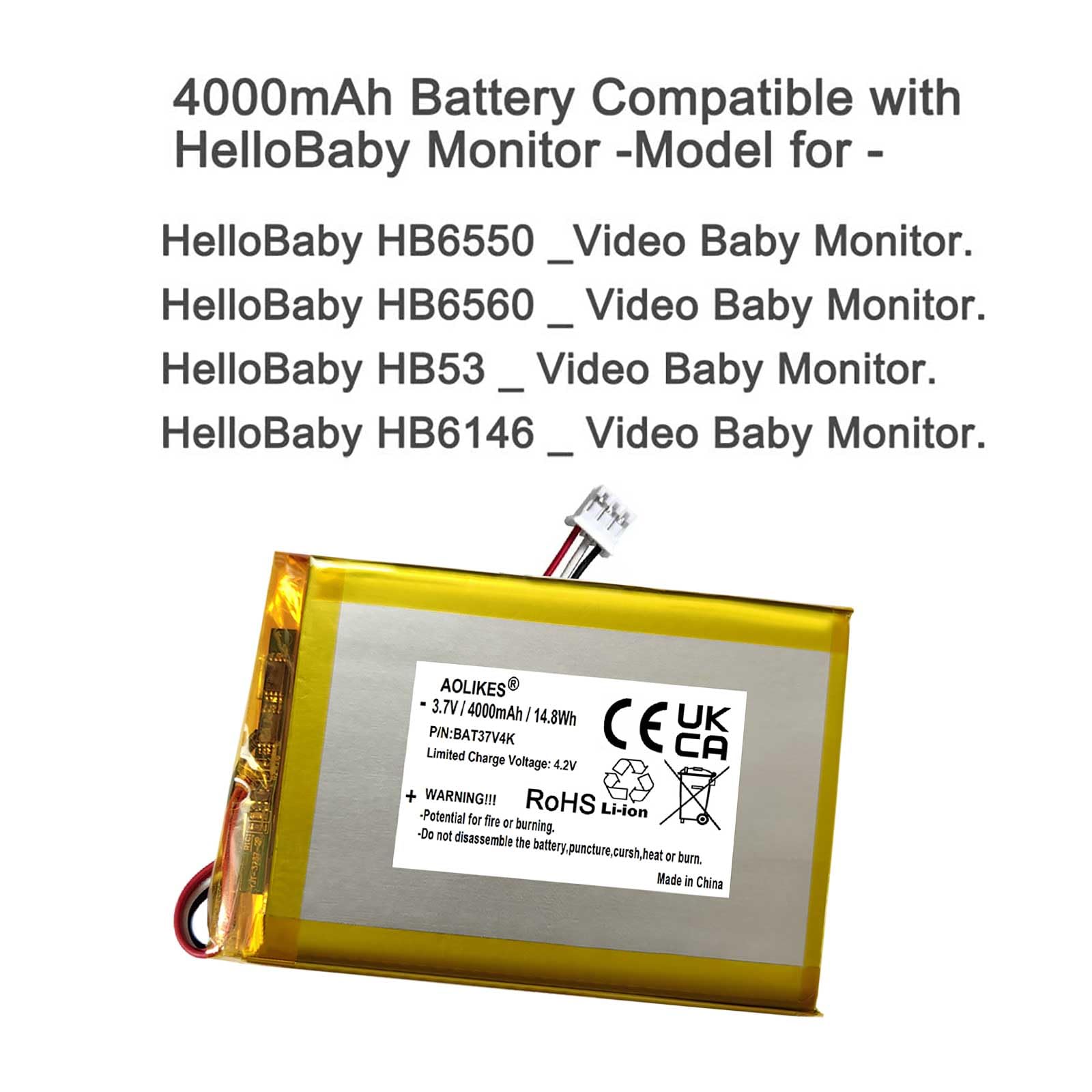Remplacement de la Batterie Rechargeable 3500mah 3.7v pour hellobaby hb53, hb6146, hb6550 5 Pouces 2.4GHz Moniteur vidéo numérique sans Fil pour bébé