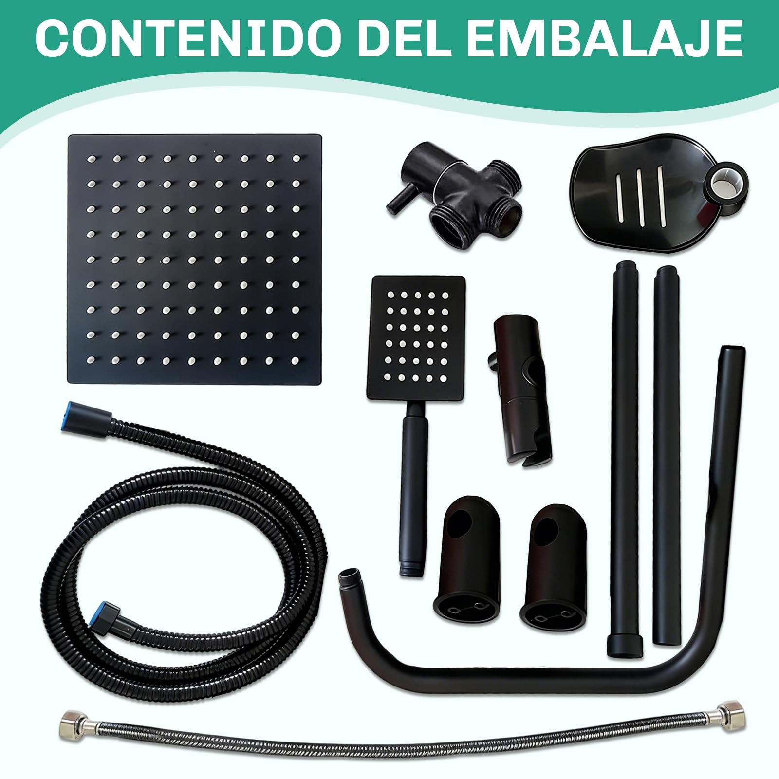 Columna Ducha Senza Miscelatore, Columna Ducha Completo con Rociador Ducha 20×20 cm Cuadrado y Ducha de Mano y Manguera, Regulable 92cm, Acero Inox, Negro