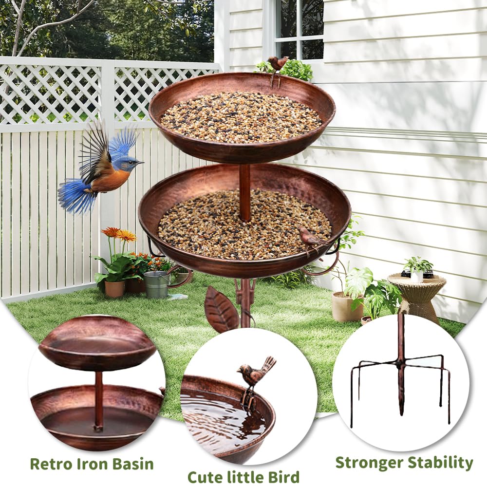 SKIKHN Comedero y Bebedero para Pájaros Exterior,117CM Metálico Bebedero para Pájaros de Pie,Baño para Pájaro para Jardín,Comedero Pajaro Exterior con Pie,Altura Baño Aves Estilo Retro Decoración — view 3