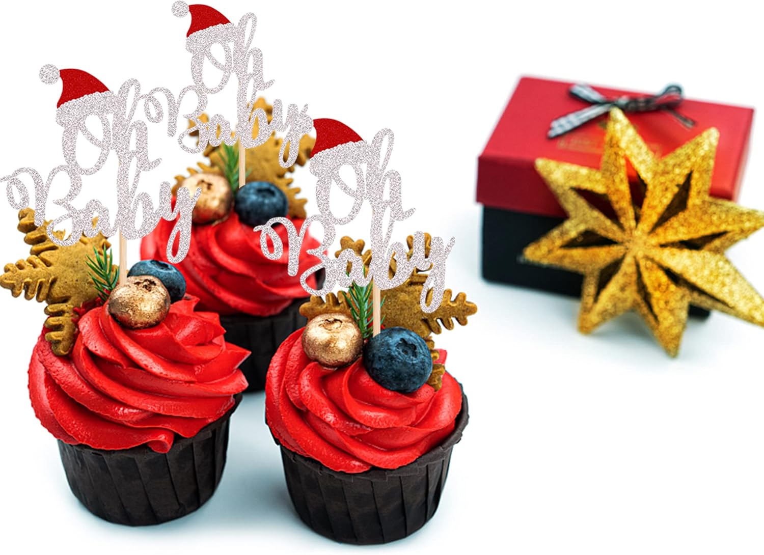 24 Pack Christmas Oh Baby Cupcake Toppers with Christmas Hat Glitter Baby Shower Cupcake Food Picks for Baby Shower Boys Girls Kids Birthday Party Cake Decorations Supplies - Image 3