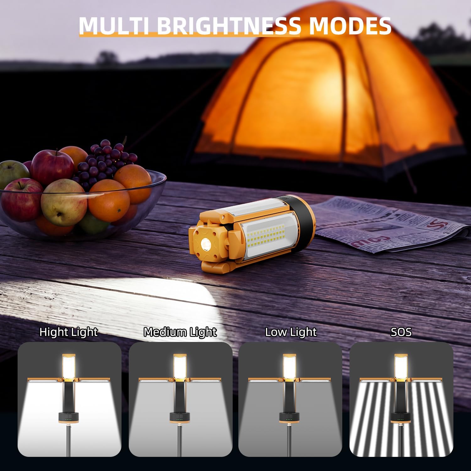 T-SUN Rechargeable Camping Light with Stand, 10400mAh LED Work Light 4100 Lumens with 4 LED Lamp Heads, Portable Work Light with Detachable Tripod 67" Max Height (Orange)