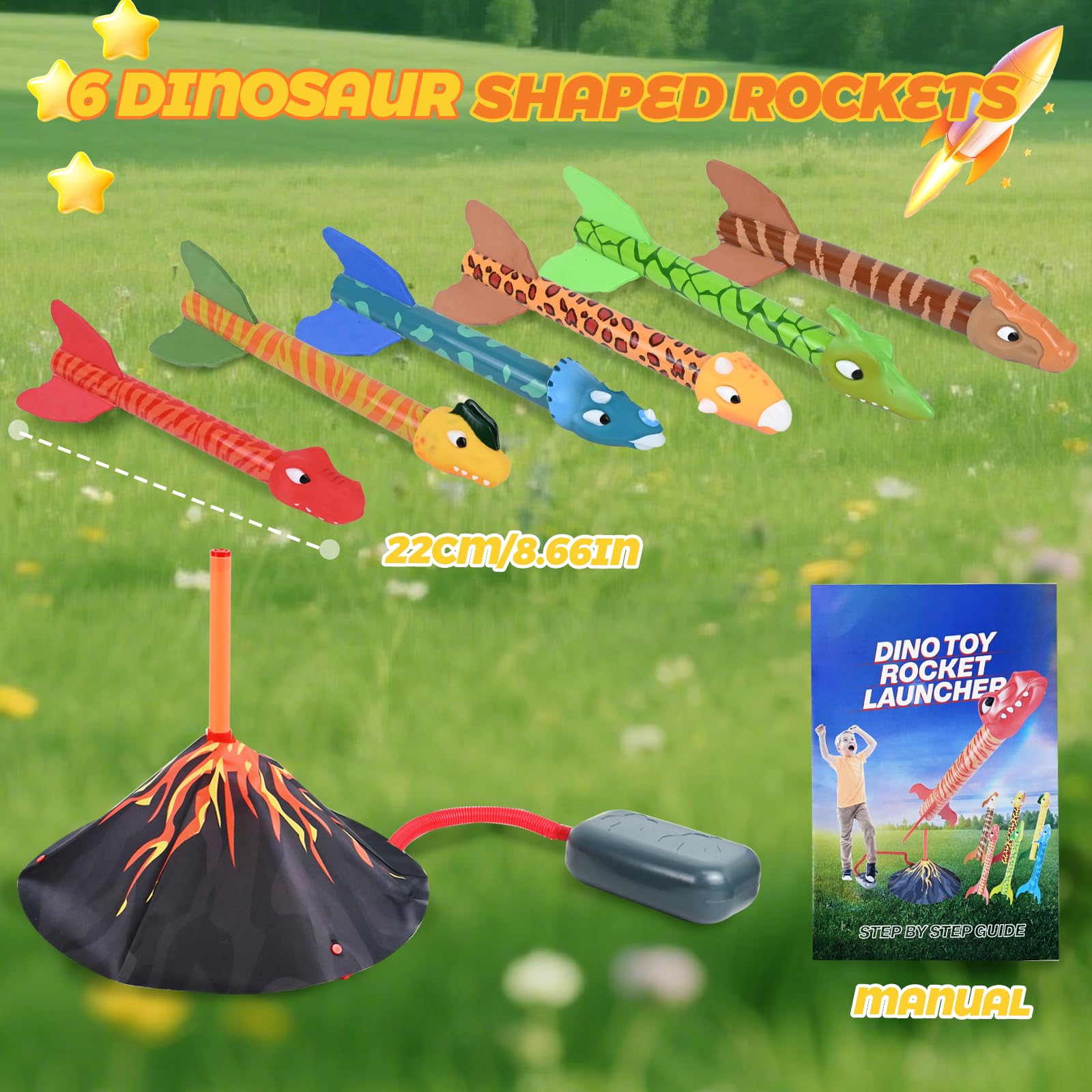 Joellfuner Lanciarazzi Giocattolo, Giocattoli Dinosauro Razzo, Gioco di Razzi con Pompa Lancio e 6 in Schiuma, Giochi da Giardino Esterno per Bambini, Regali per Ragazzi e Ragazze di 3-12 Anni