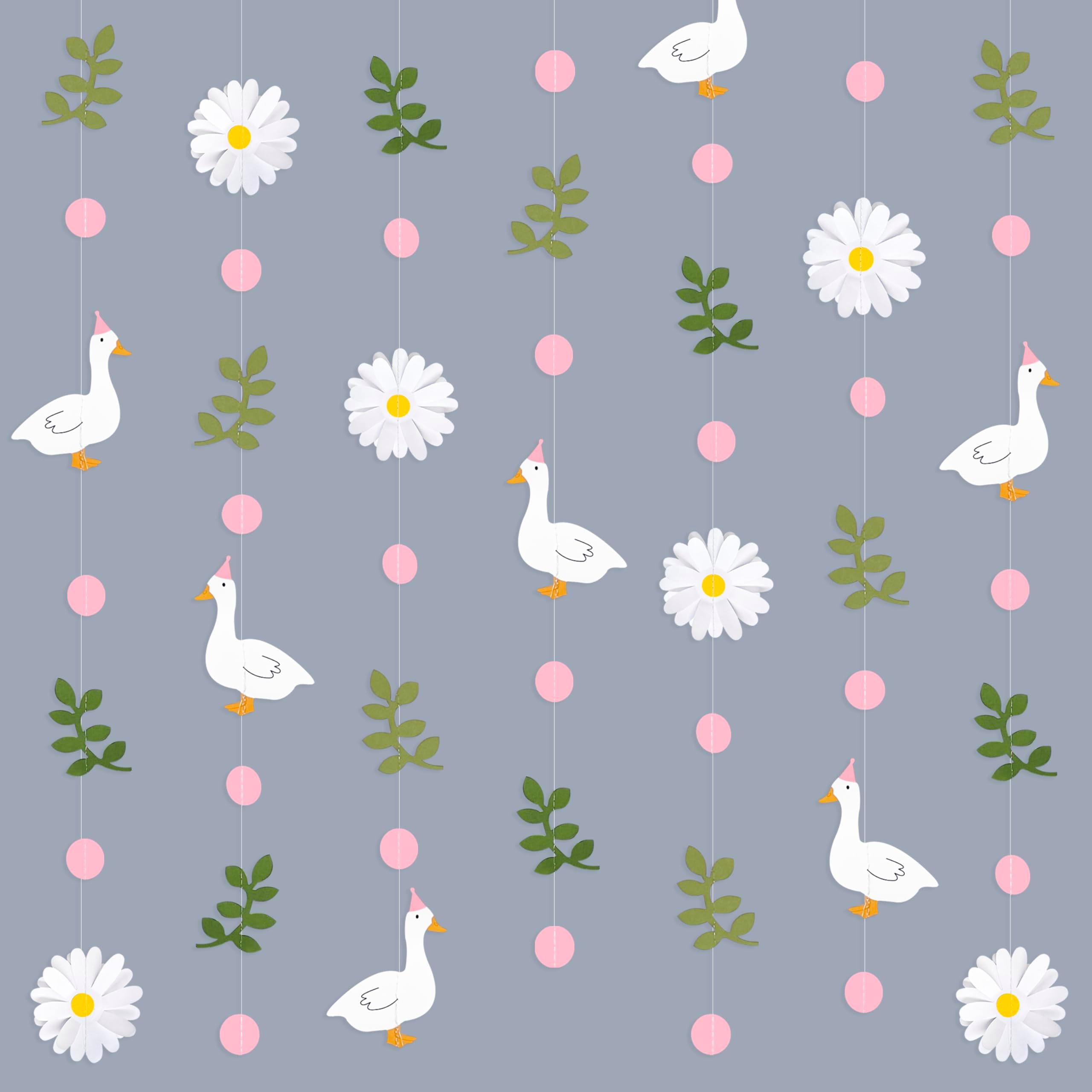 Pink Silly Goose 3D Daisy Flower Leaf Polka Dot Hanging Streamer Garland Banner for One Silly Goose Theme Birthday Baby Shower Wedding Bridal Shower Spring Summer Party Decorations Supplies