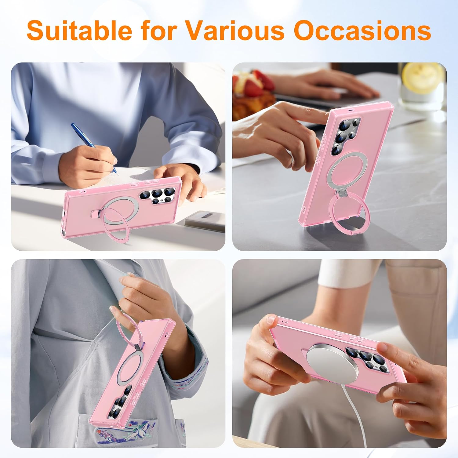 for Samsung Galaxy S24 Ultra Case with Magnetic Invisible Ring Stand, Compatible with Mag-Safe, 2 in 1 Translucent Matte Shockproof Protective S24 Ultra Phone Case for Women Men, Pink
