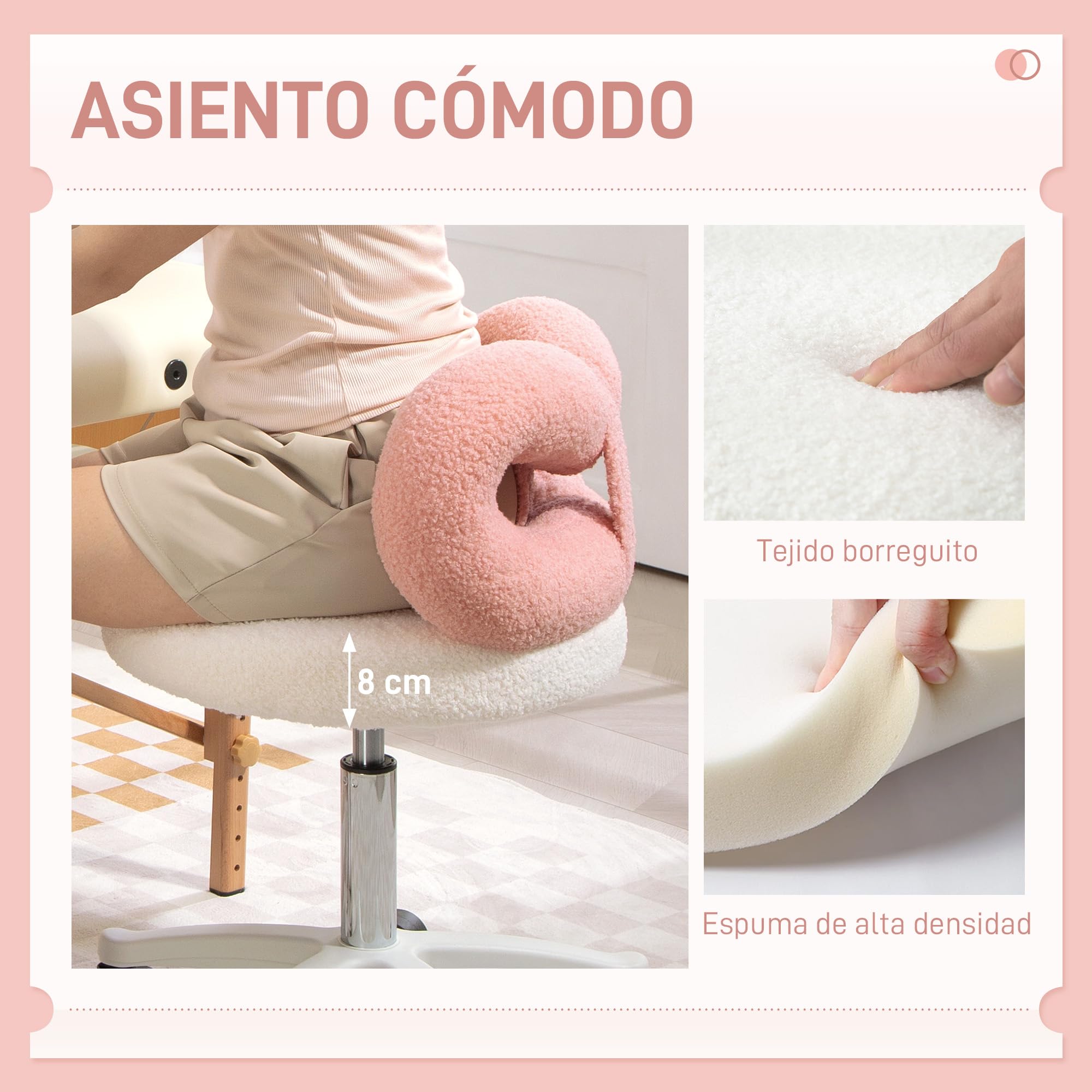 HOMCOM Taburete Giratorio con Respaldo con Ruedas 63-77 cm Blanco y Rosa | Taburete con Ruedas, Altura Regulable, Tapizado en Tejido de Borreguito, para Oficina Tocador Salones Talleres Spa Masaje