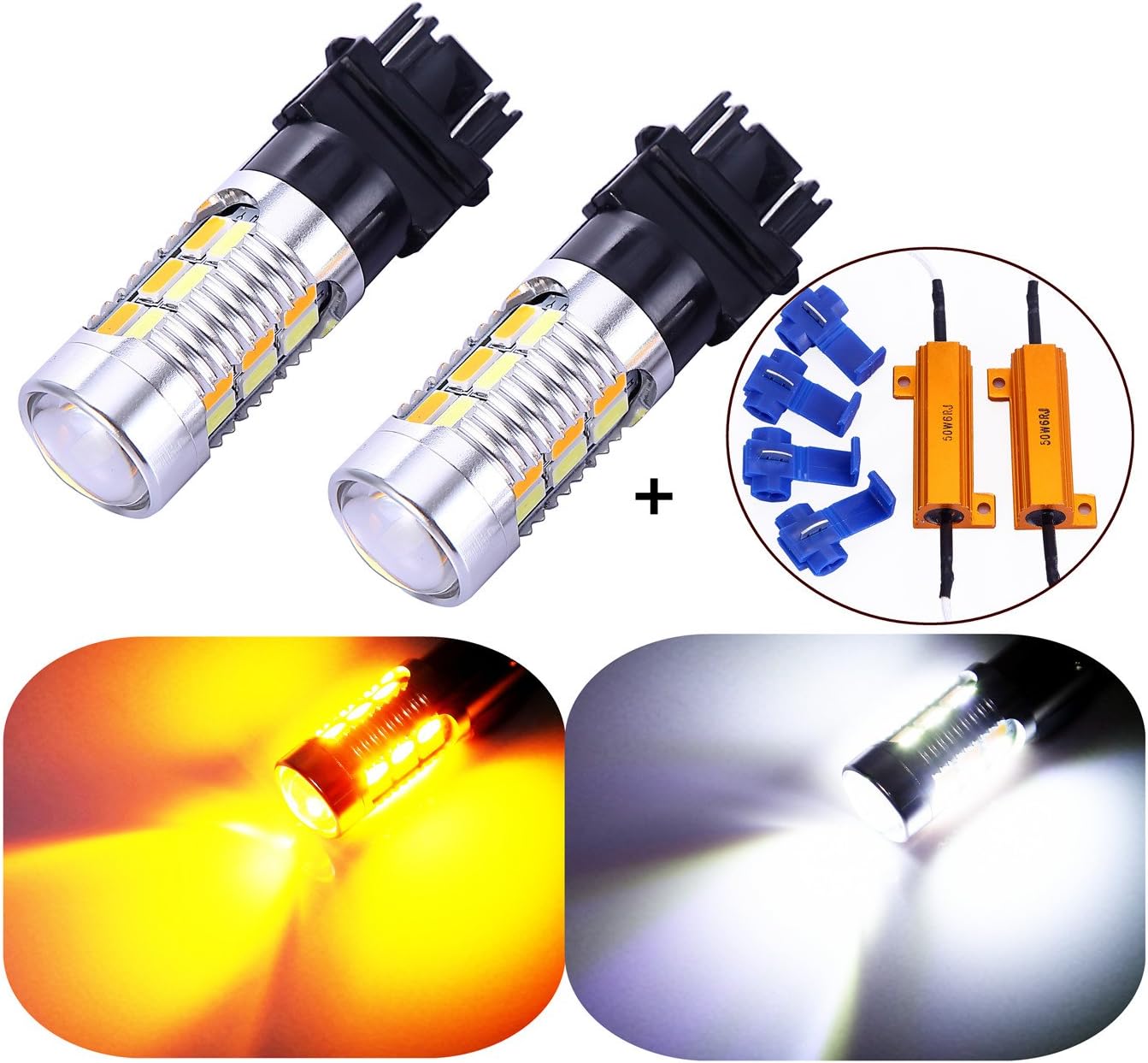 3157 3057 3357 4157 Canbus Turn Signal White Yellow Switchback LED Light Bulbs 22 SMD with Projector, for Standard Socket, Not CK, Pair of 2 with Load Resistors