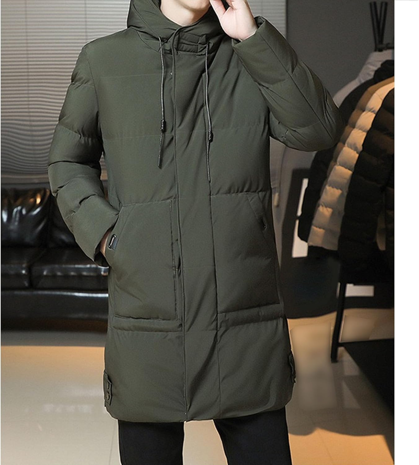 JEKE-DG Men's Thicken Casual Winter Down Jackets Hooded Warm Mid-Length Puffer Jacket Full Zip Windproof Parka Coat