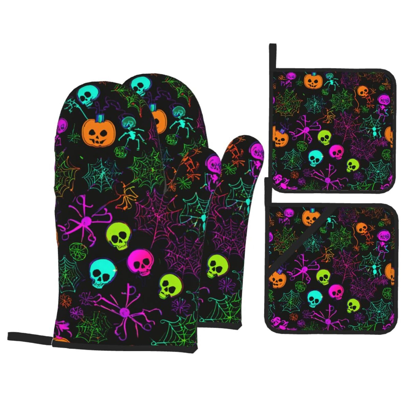 Halloween Skull Print Kitchen Oven Mitts And Pot Holders Set,Hanging Loop Design For Cooking Baking Bbq