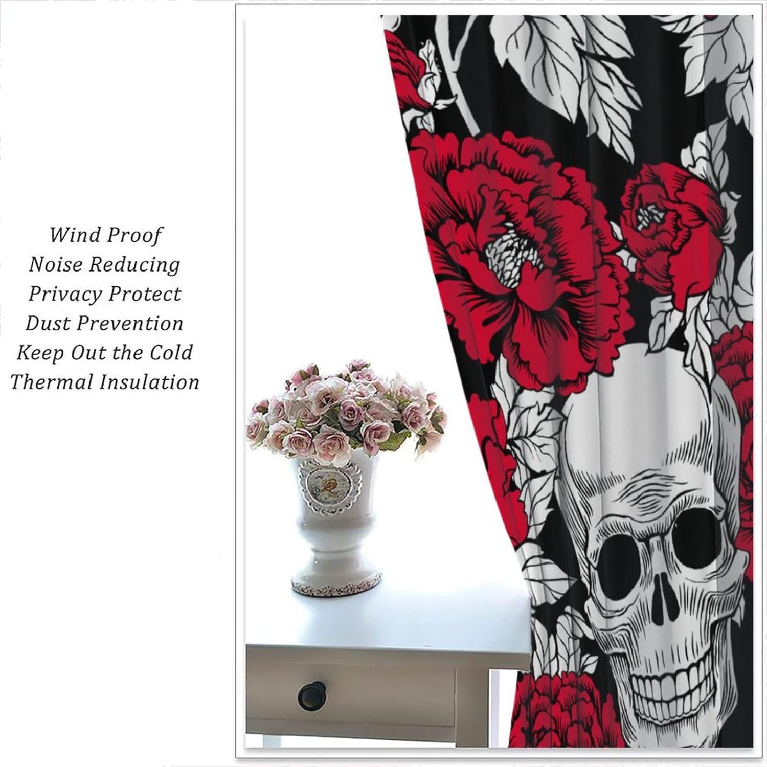 Gothic Curtains Skull Red Floral Pattern Blackout Print Rod Pocket Window Drapes for Bedroom Living Room 42x45in