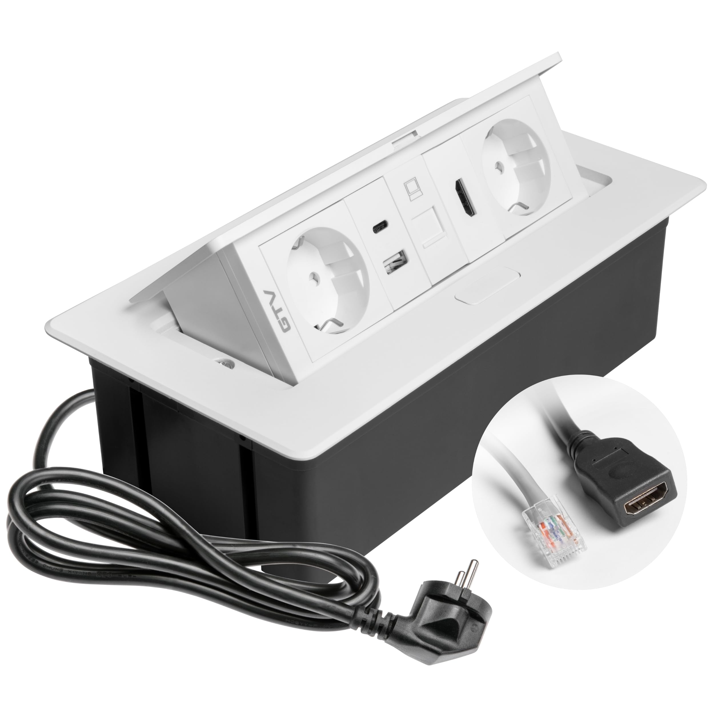 GTV Enchufe empotrable MULTISOFT blanco con 2 Schuko, USB A+C, RJ45, HDMI 2.0, cable 1,5 m