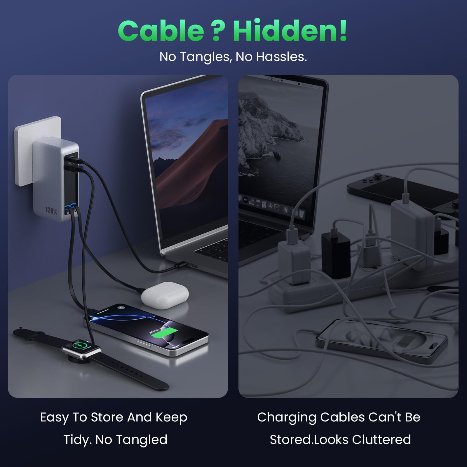 Bloque de carga USB C 120W, 2 cables retráctiles integrados, enchufe plegable 4 en 1 GaN IV, cargador de pared, estación de carga rápida, PD 65 W para MacBook/iPad, iPhone 17/16/15/14, Galaxy, Android