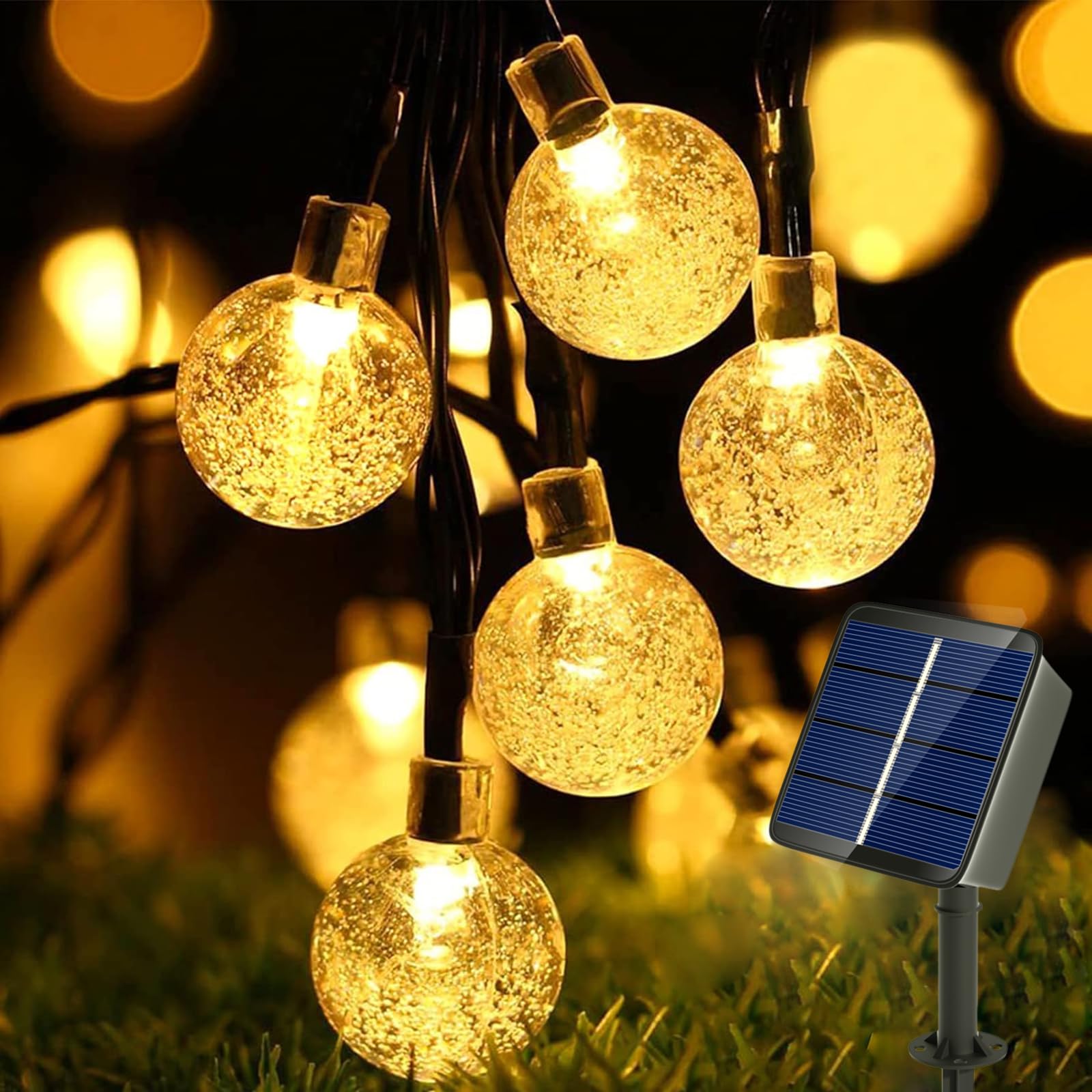 Cadena de luces solares para exteriores, 5 m, 20 ledes, 8 modos, bolas de cristal, cadena de luces solares para jardín, terraza, balcón, boda