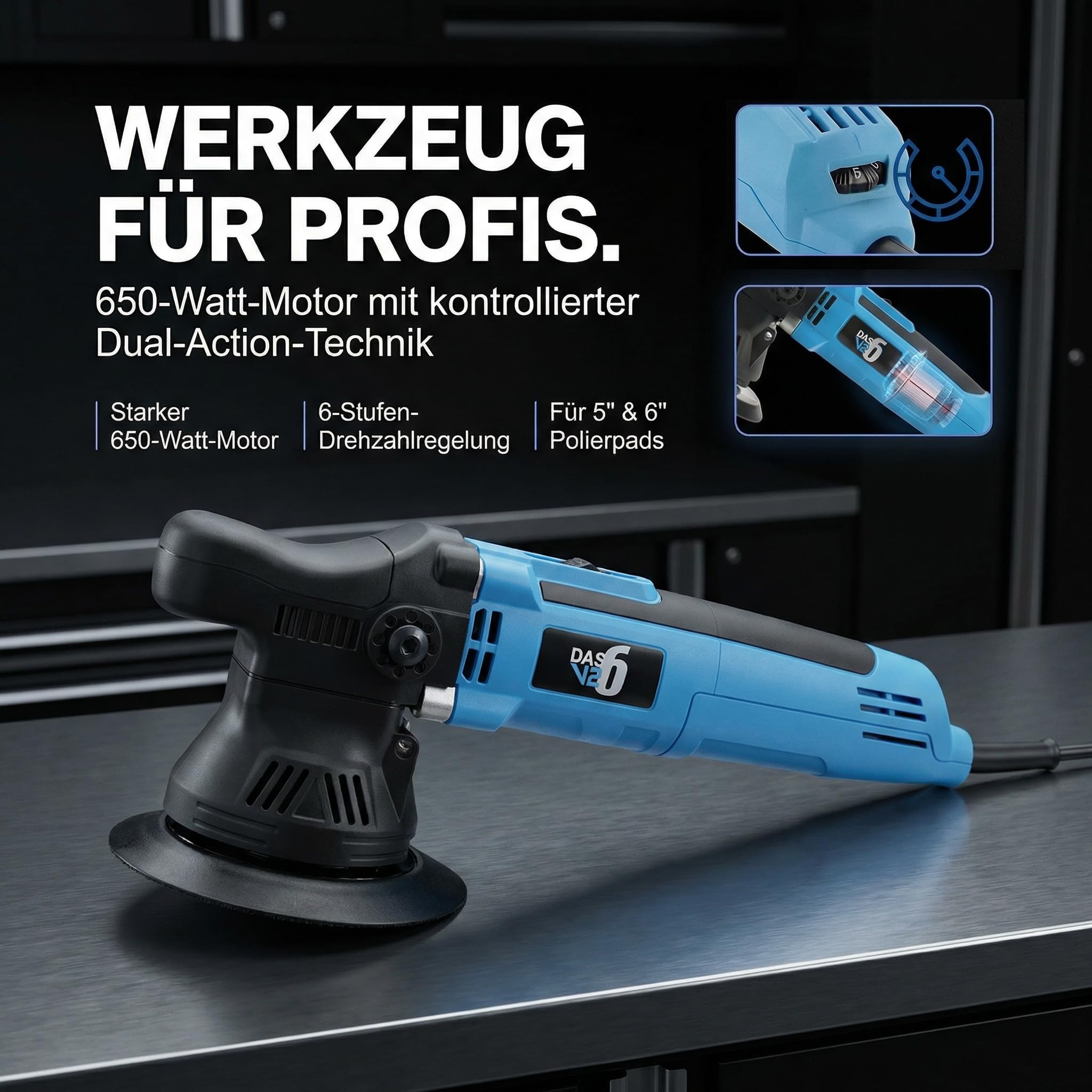 V2 Exzenterpolierer Auto 650 W – Dual Action Poliermaschine mit 6 Geschwindigkeitsstufen, passend für 13 cm & 15 cm Polierpads, Detailing-Set zur Lackaufbereitung & Kratzerreduzierung
