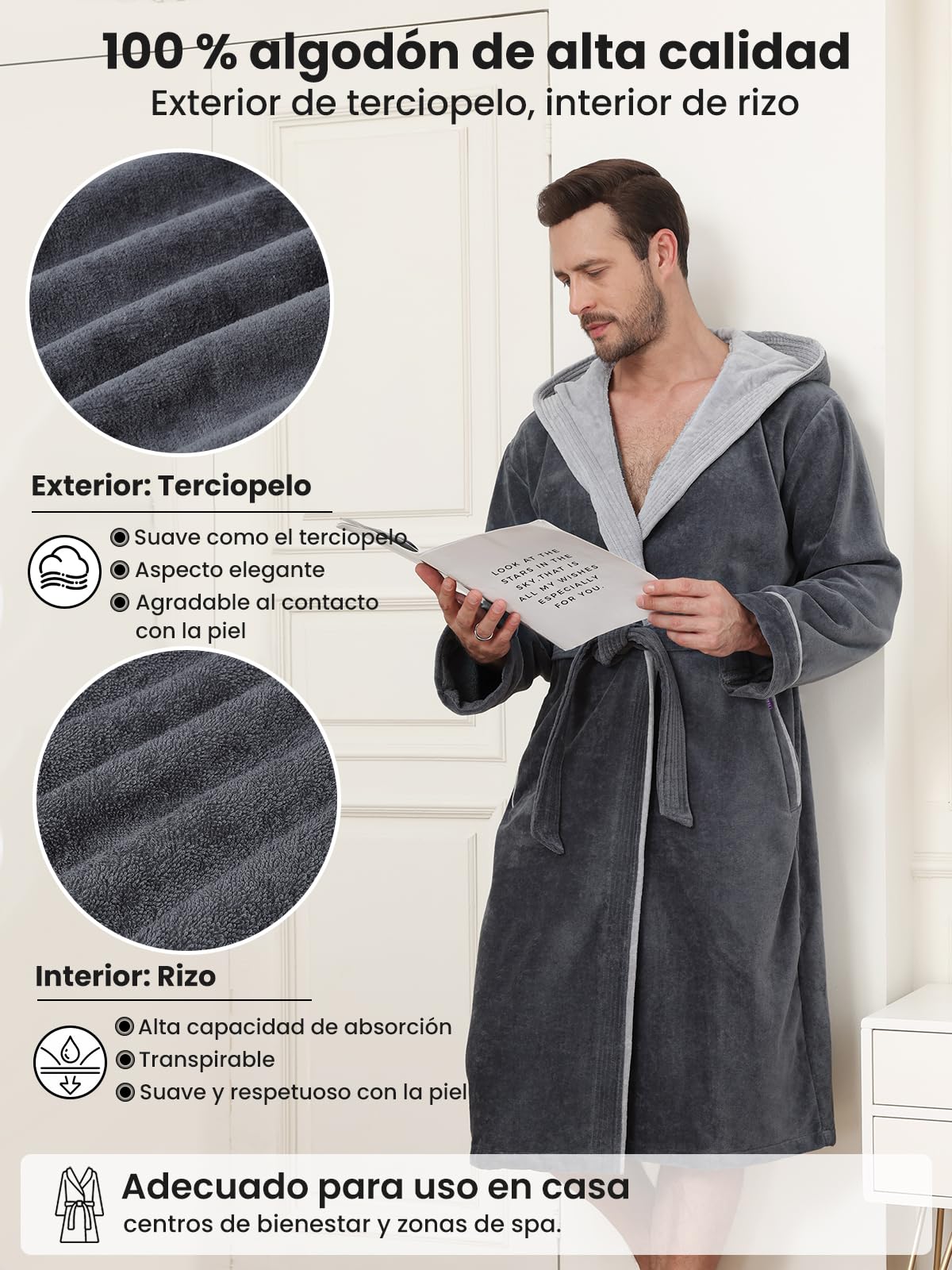 YEAUPE PRO Albornoz Hombre Ducha con Capucha, 100% Algodón, OEKO-TEX®