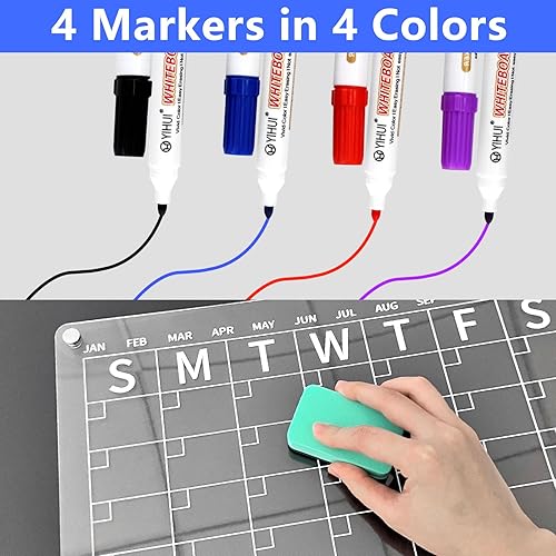 Miniatura 6 de Paquete de 2 calendarios magnéticos para refrigerador, pizarra magnética de borrado en seco de acrílico transparente para refrigerador, calendario