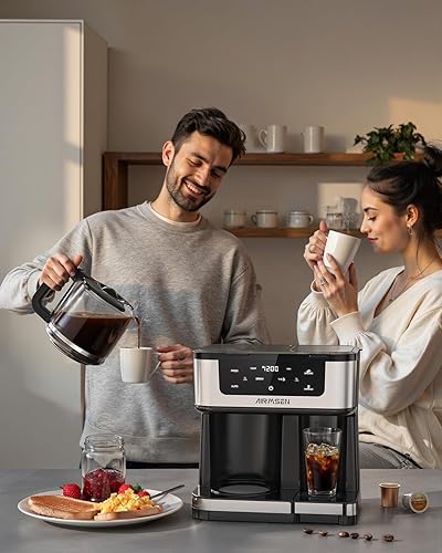 Miniatura 8 de AIRMSEN Cafetera dual programable de 12 tazas Máquina de una sola porción para cápsulas K-Cup y molida, preparación rápida de 1000 W, inicio