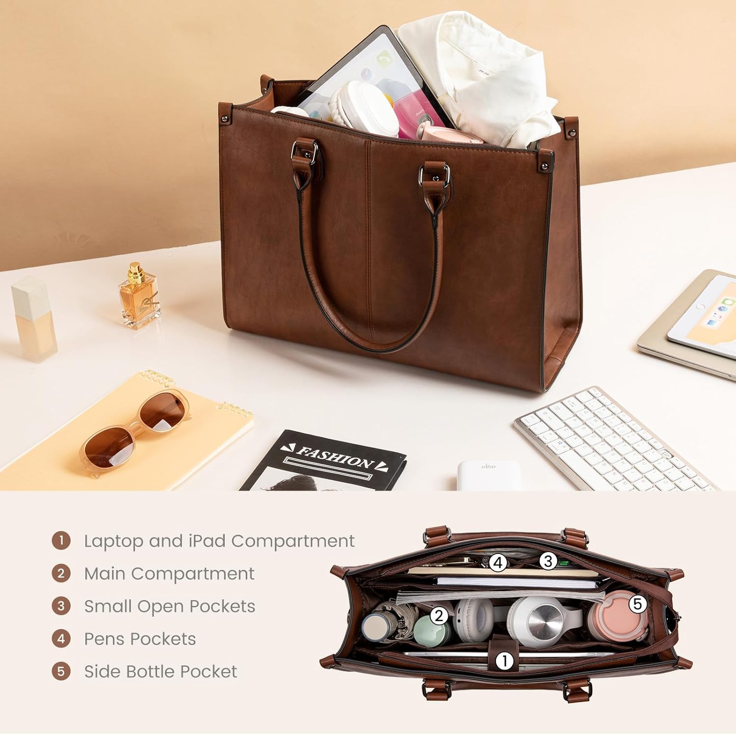 LOVEVOOK Laptop Tote Bag for Women, 15.6 Inch Large Capacity Vintage Leather Work Computer Bag, Business Casual Shoulder Handbag, Chestnut Brown - Image 4