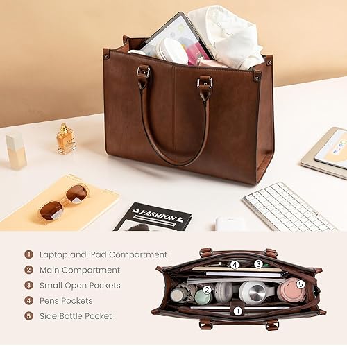 Miniatura 4 de LOVEVOOK Bolsa de mano para laptop para mujer, 15.6 pulgadas de gran capacidad de cuero vintage bolsa de trabajo para computadora, bolso de hombro