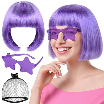 BESTBEL 2Pc Purple Bob Wigs for Women Short Purple Wigs Noen Bob with Bangs | +Glasses lavender Party Wig for Women Straight Funny Hair for Halloween Cosplay Bachelorette Christmas Costume Party+Hair Net