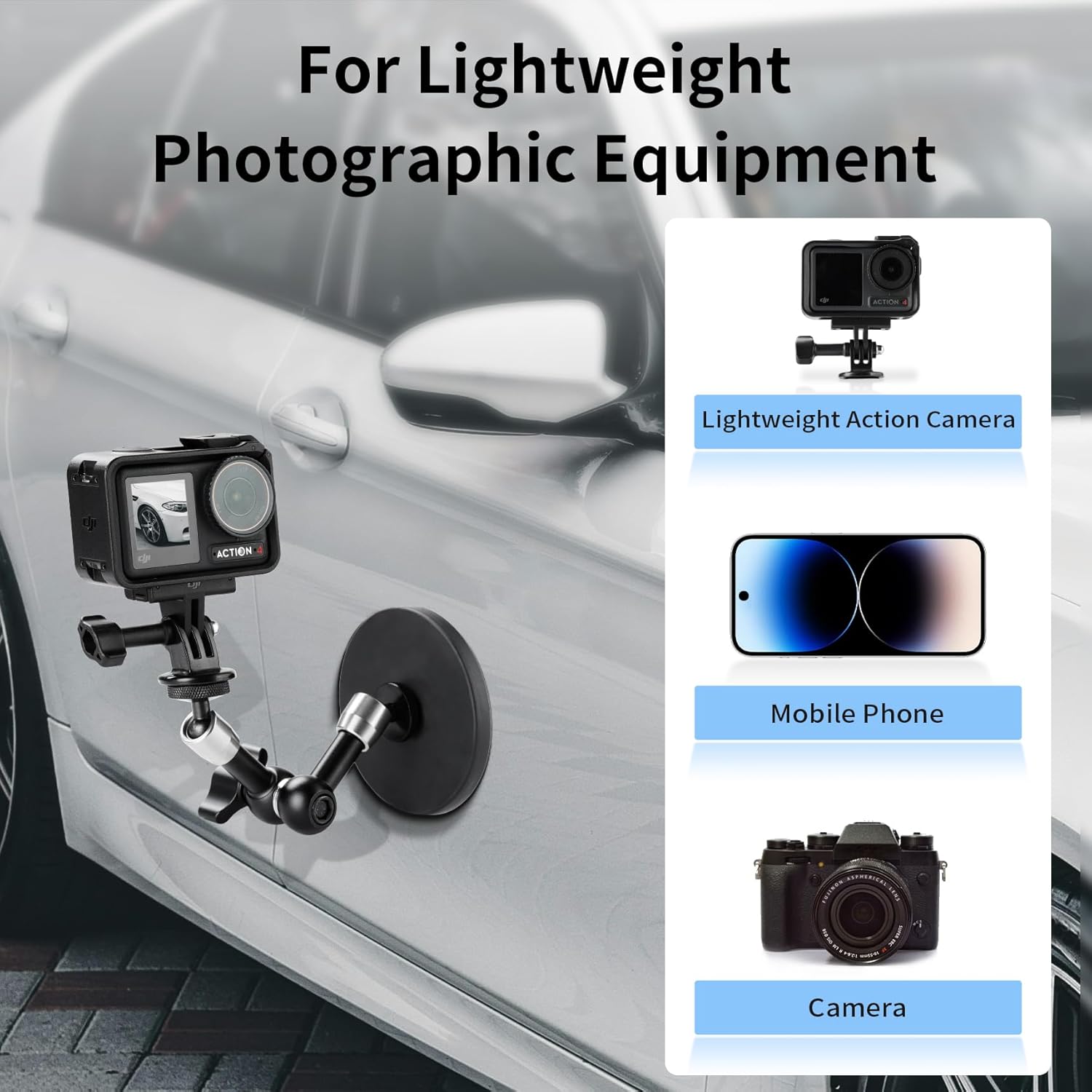 Selens Adjustable Car Magnetic Camera Mount Kit: 88MM Magnetic Base and 6inch Magic Arm, Magnet Mount for Action Camera,Compatible with Cars/Boats/Gym/Iron Made Surfaces
