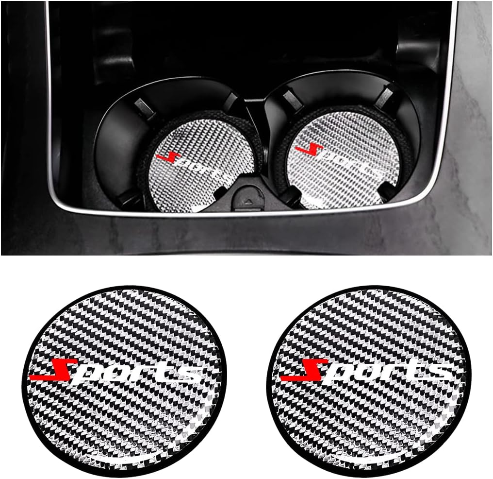 2PCS Car Cup Holder Coasters, Anti-Slip Embedded Carbon Fiber Auto Cup Holder Pads, Waterproof Vehicle Interior Decorative Drink Mat Accessories, Universal for RV, SUV, Truck (Silver/Sports)