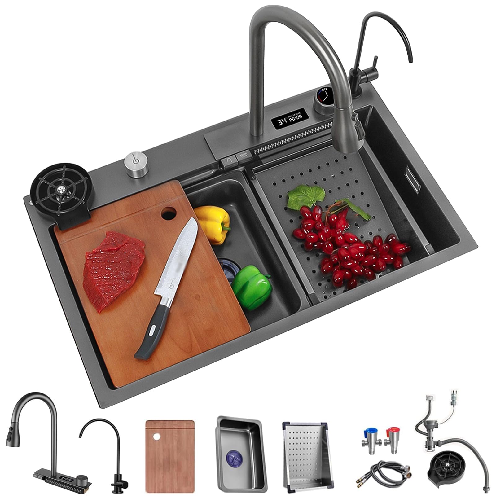 WIQUYBML Kitchen Sink,Digital Display Flying Rain Waterfall Sink,304 Stainless Steel Bar Sink, With Cup Washer Sinks, Drop-In Or Undermount Installation (Color : Black-Grey, Size 75x46cm)