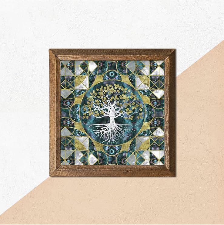 Pinecone Hayat Ağacı Taş Duvar Tablosu - Ahşap Çerçeveli Taş Tablo - 25x25 cm - Dekoratif Duvar Sanatı - Modern Ev ve Ofis Duvar Dekoru W1-238