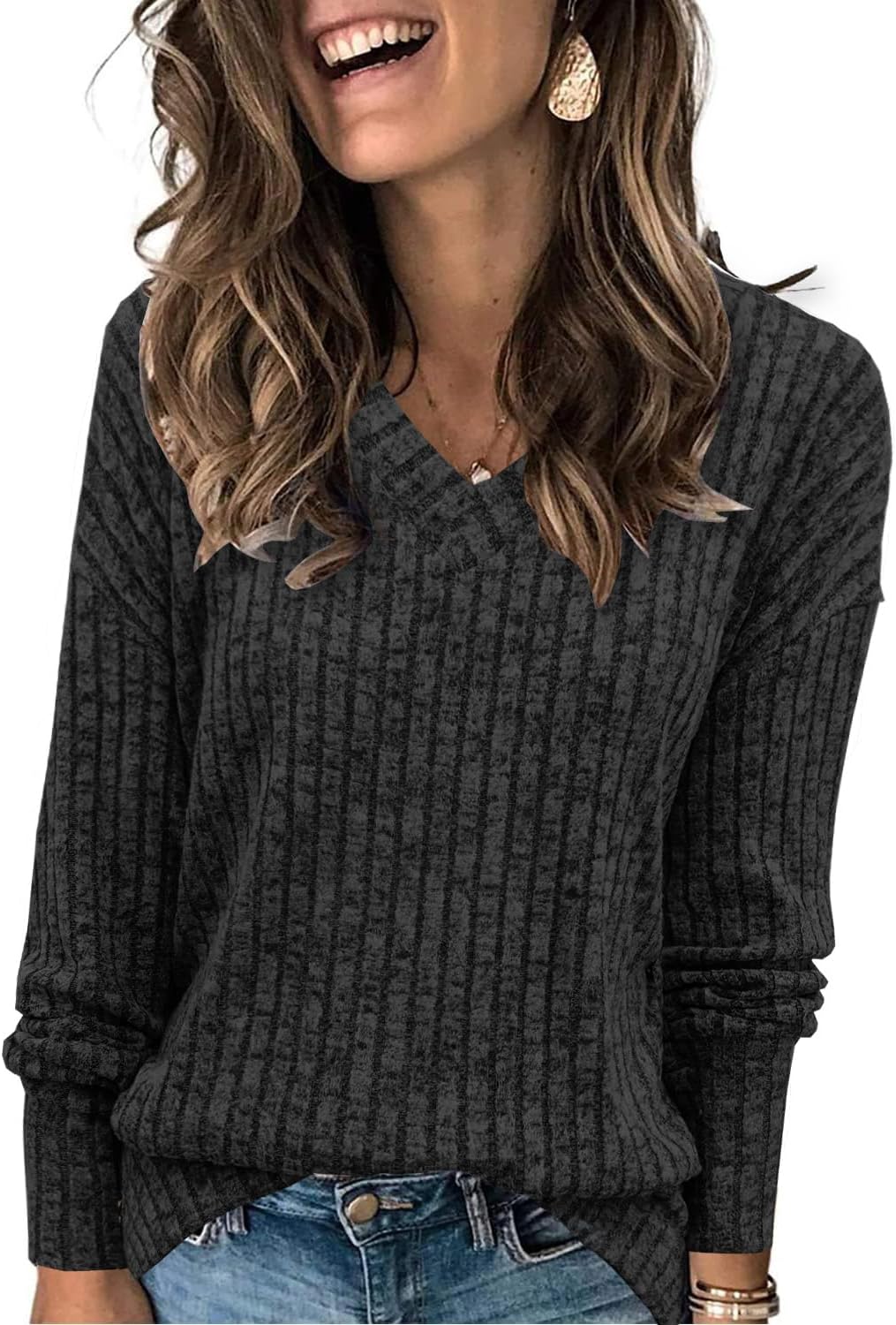 Womens Sweaters V Neck Long Sleeve Shirts Loose Casual Fall Fashion Sweatshirts