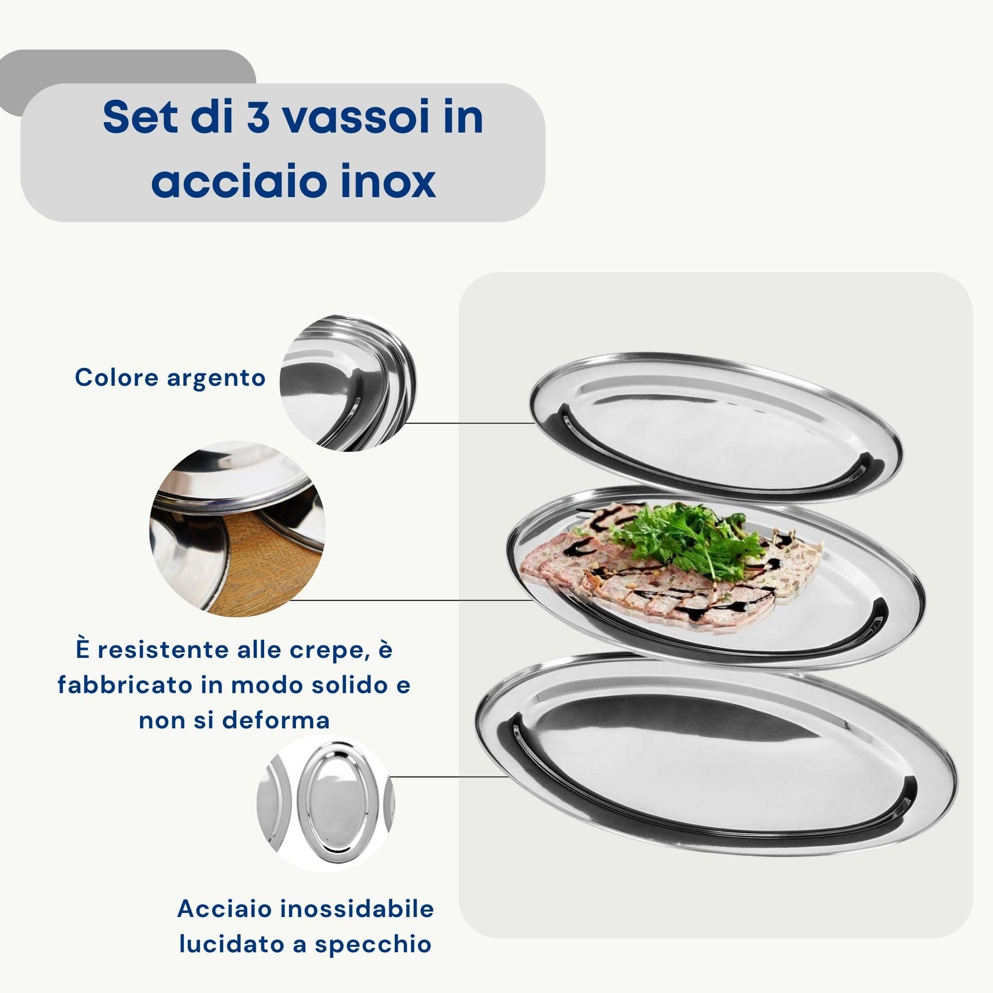 Vassoio ovale argentato in acciaio inossidabile, 3 pezzi