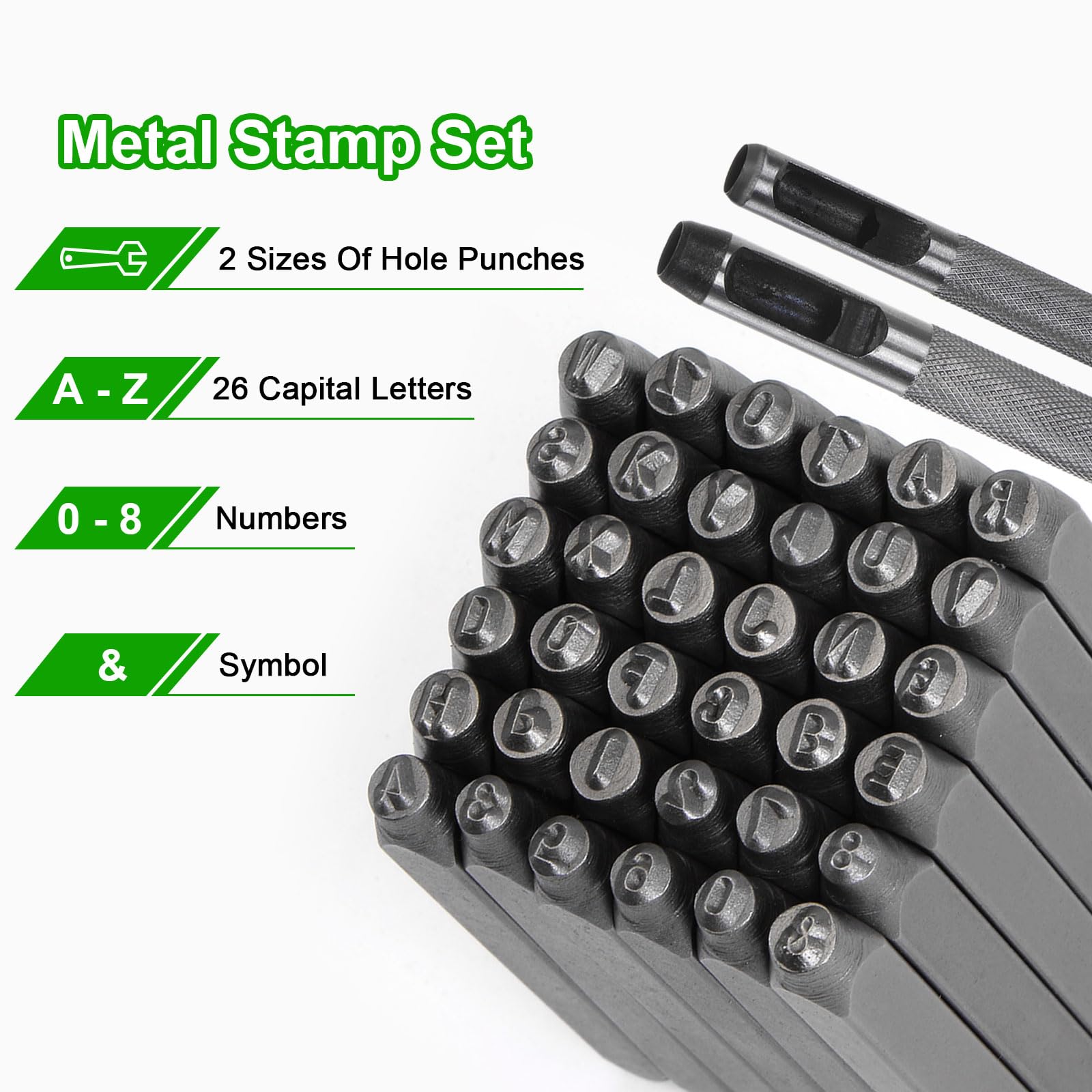 QUARKZMAN 36pz Metallo Stampaggio Kit 5/16" (8mm) (AZ, 0-8,"&" Simbolo) Acciaio Lettera Pugno Premere Utensile con Foro Pugno per Stampa su Metallo, Plastica, Legno, Pelle, Argento