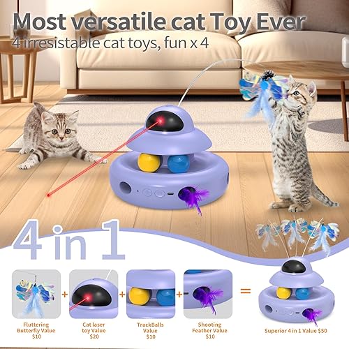 Miniatura 3 de Juguete para gatos, interactivo 4 en 1 morado, juguetes para gatos adultos aburridos de interior, mariposa voladora eléctrica, juguete automático