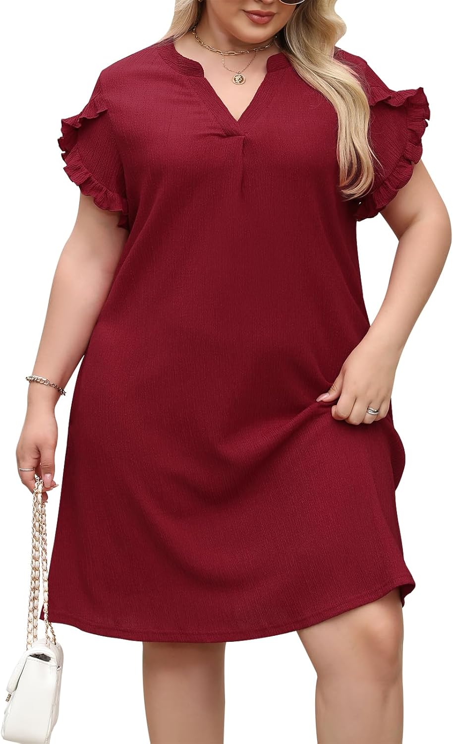 Celkuser Plus Size Summer Casual Dresses for Women V Neck Ruffle Cap Short Sleeve Flowy Midi Dress with Pocket