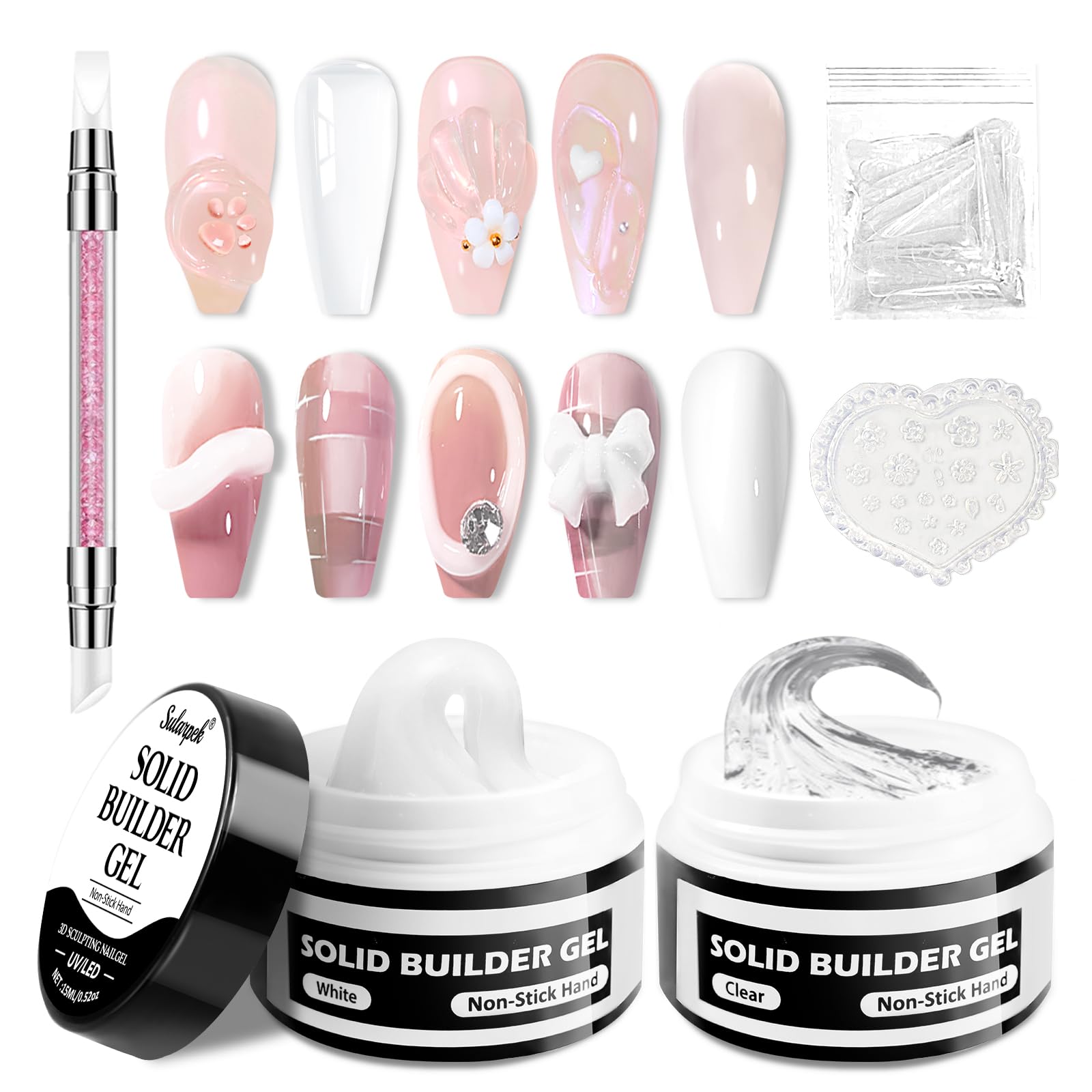 Sularpek 2 x15 ml Solid Builder Gel for Nails 3D Nail Gel, Non-Stick Solid Sculpture Builder Gels