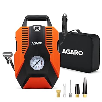 AGARO TI2147 Analog Tyre Inflator/Compressor Pump, Portable, 12V DC, up to 150 PSI, LED Light,Carry Case, for Car, Bike, Bicycles, Air Boat and Other Inflatables (Orange) - image, photos