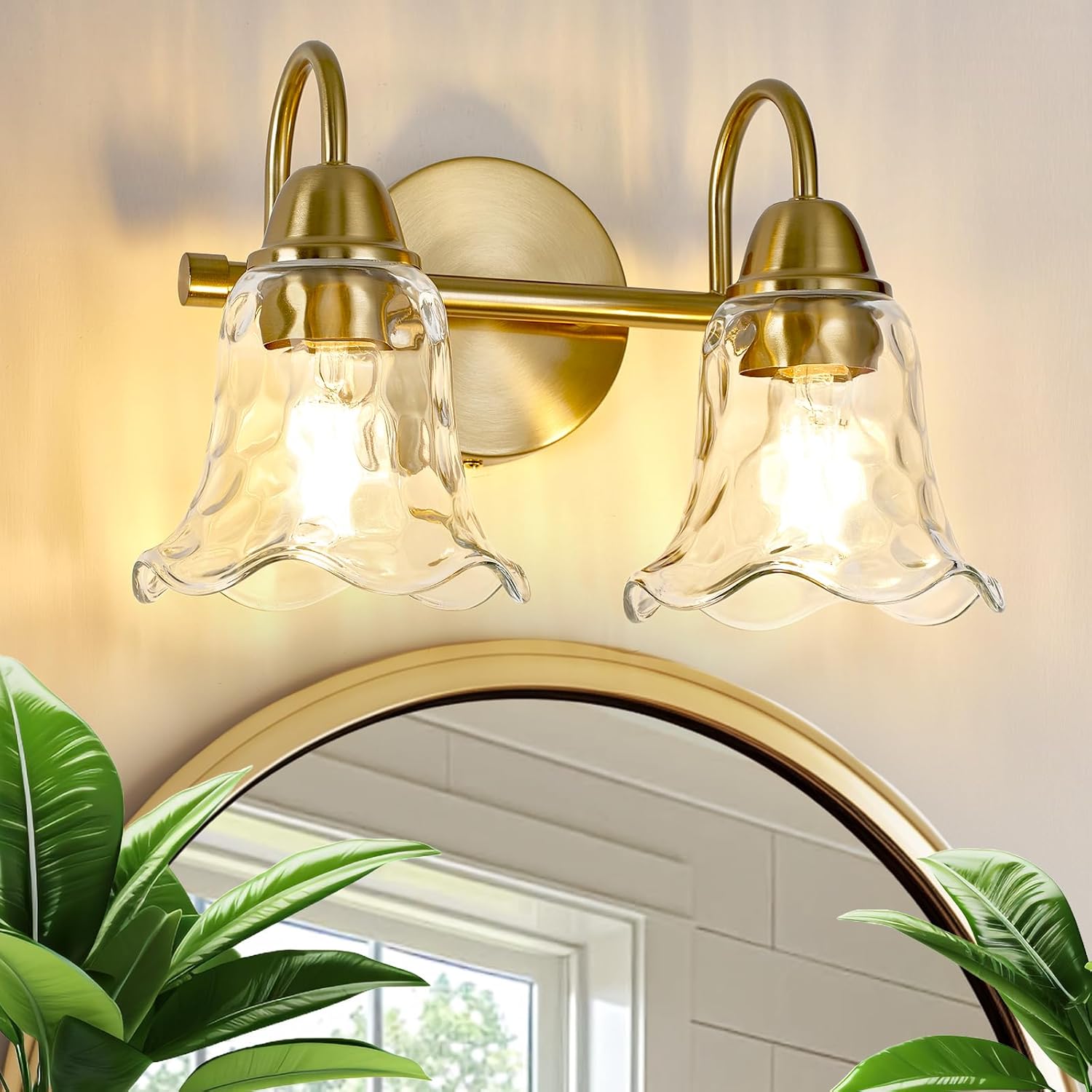 Bathroom Light Fixtures Over Mirror, 2 Lights Vintage Wall Sconces with Hammered Glass Shade, 12.6" Gold Bathroom Wall Light Fixtures for Bedroom, Porch, Hotel, Mirror Cabinet