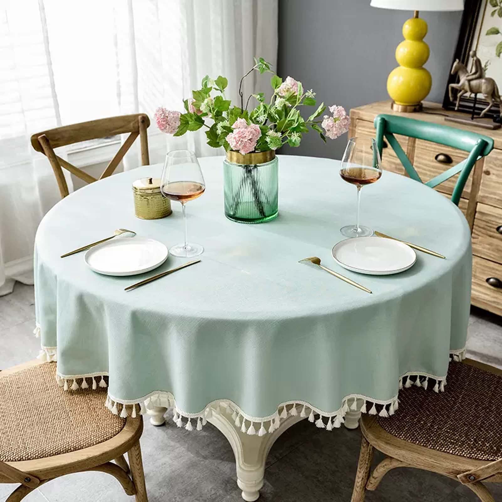 160cm Tovaglia da Tavola Rotonda in Tinta Unita in Cotone E Lino per Ristorante, Tovaglia Antimacchia, Copritavolo Antiscivolo, per Decorazione della Cucina Caffetteria