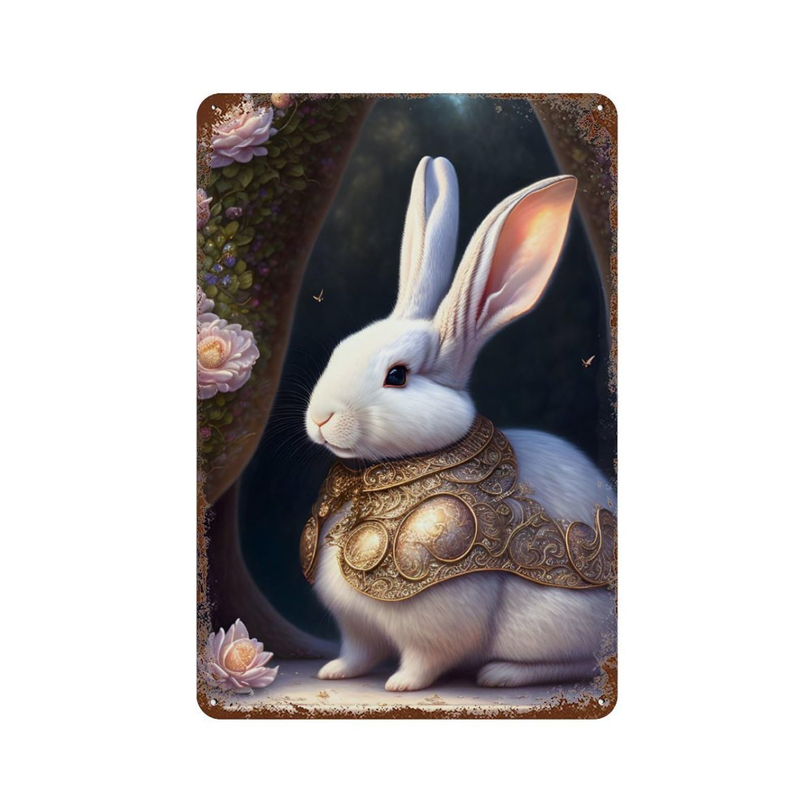 Rust Effect Magical Armored Bunny Distressed Metal Wall Sign 11.8"x7.9", Shabby Chic Decor for Pub, Kitchen And Man Cave Decor