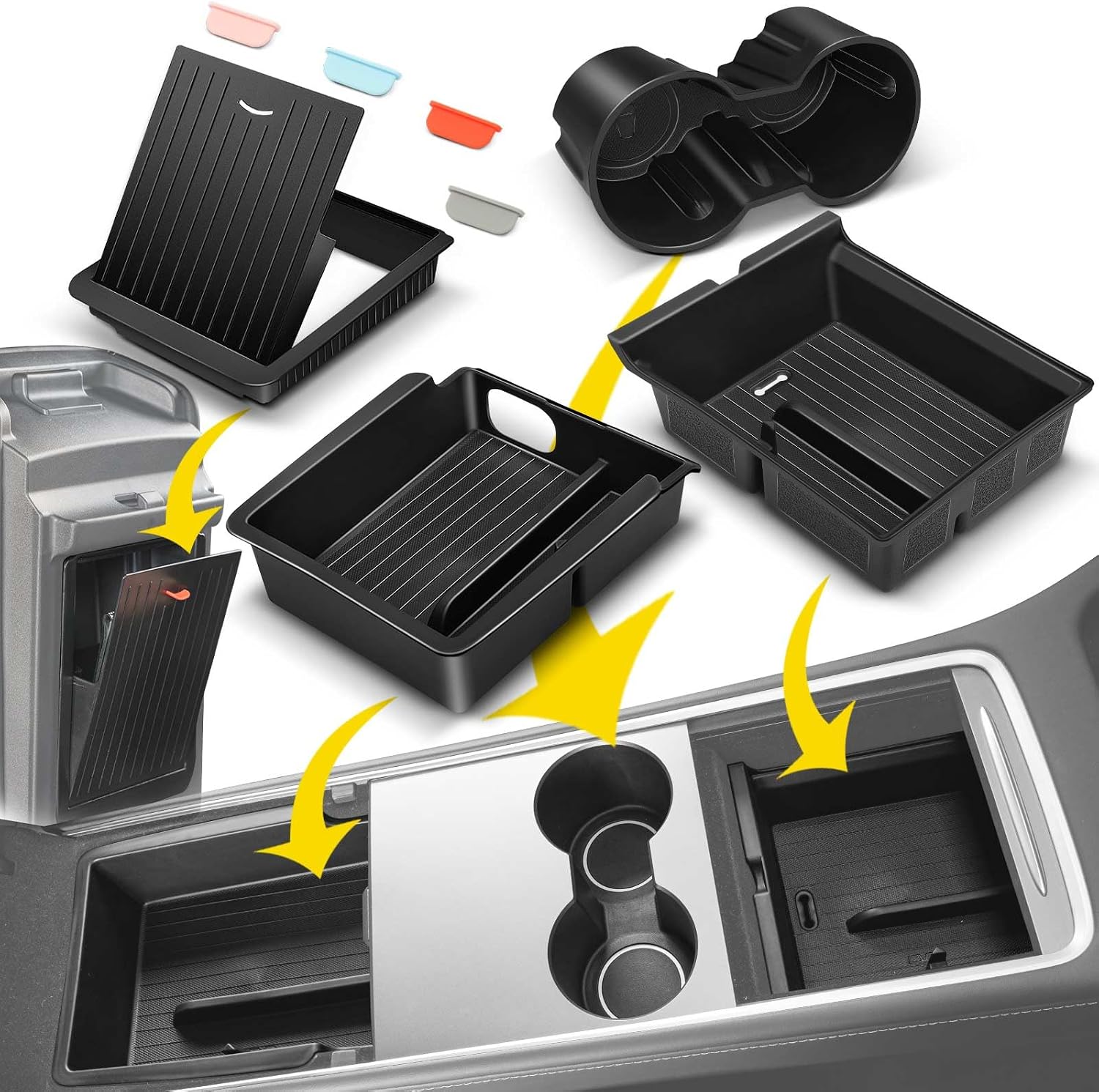 YHTAUTO Center Console Organizer Fit for Tesla Model 3 2021-2023 Model Y 2021-2024, Armrest Drawer Organizer, Armrest Hidden Compartment Storage Box, Center Console Tray, Cup Holder 4 PCS