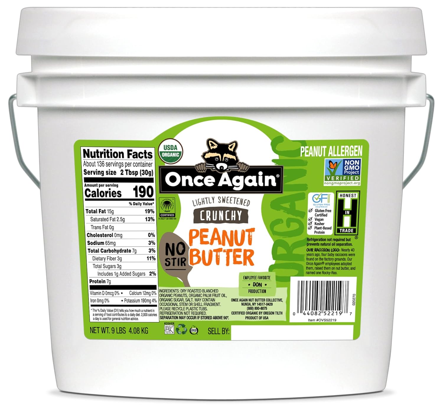 Once Again Organic Crunchy Peanut Butter, 9lb Bucket - No Stir - Lightly Sweetened & Salted - USDA Organic, Gluten Free Certified, Vegan, Kosher